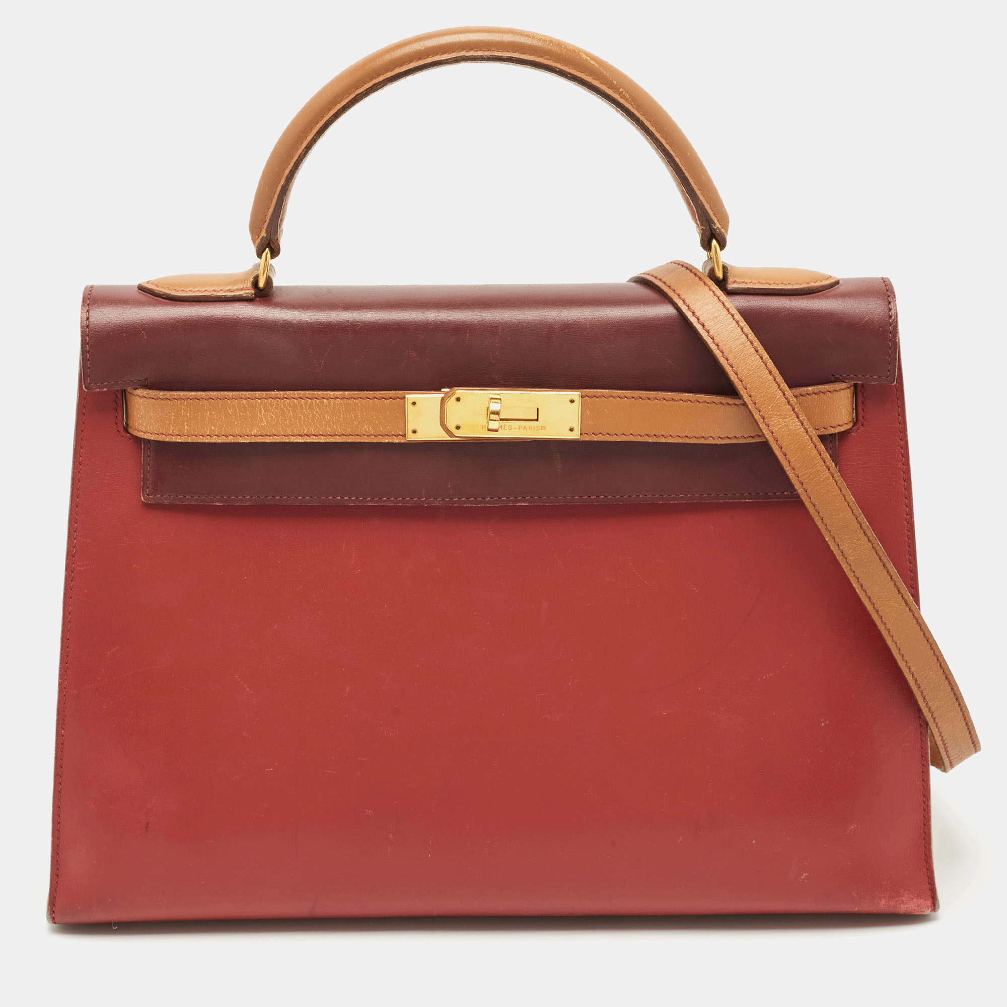 Pre Owned Hermes Rouge H/Rouge Vif/Naturel Box Leather Gold Finish Kelly Sellier 32 Bag