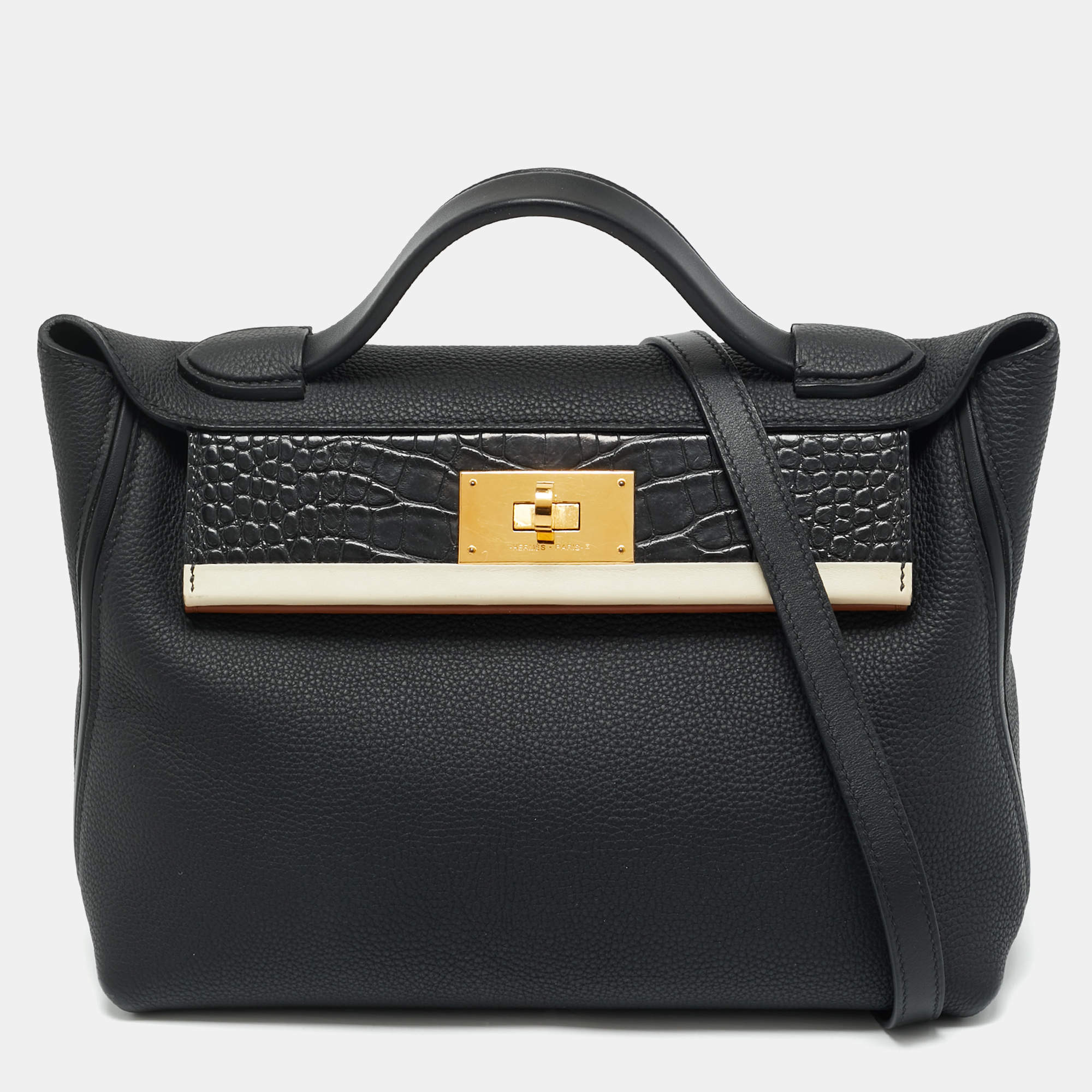 Pre Owned Hermes Noir Matte Alligator and Togo Leather Gold Finish 24/24 29 Bag