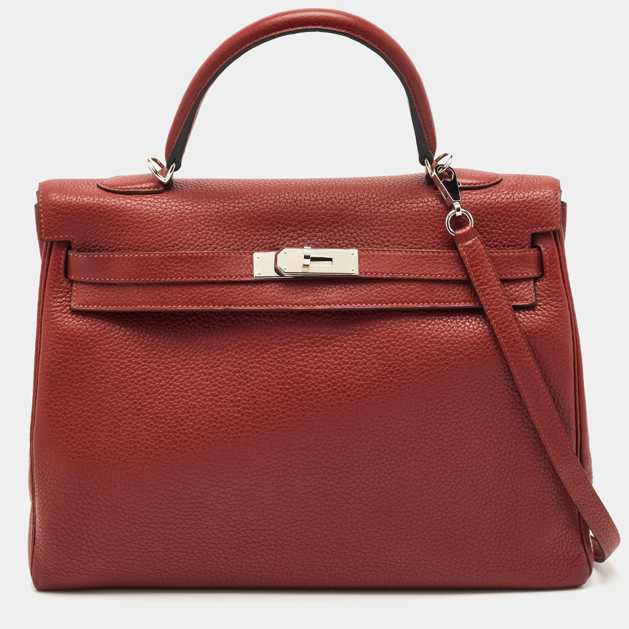 Pre Owned Hermès Rouge Grenat Clemence Leather Palladium Finish Kelly Retourne 35 Bag
