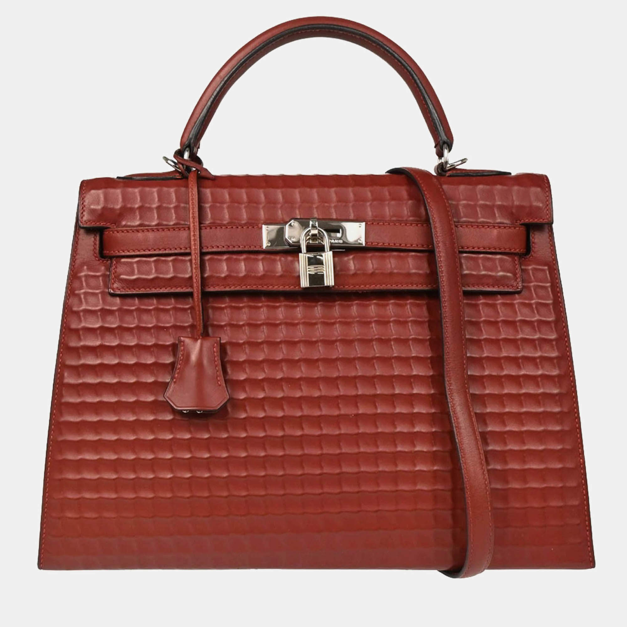 مملوكة مسبقًا Hermes Kelly 32 Sellier  Rouge H Ever Deutch Waffle Handbag