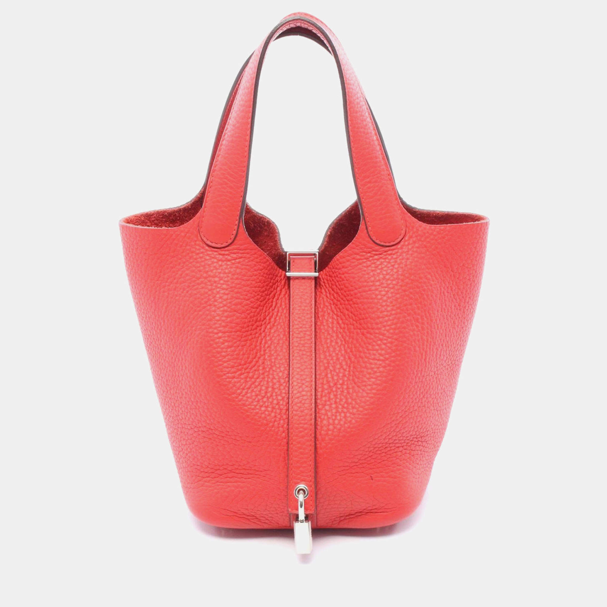 Pre Owned Hermes Picotin Lock 18 Rouge Tomate Taurillon Clemence Leather Shoulder Bag