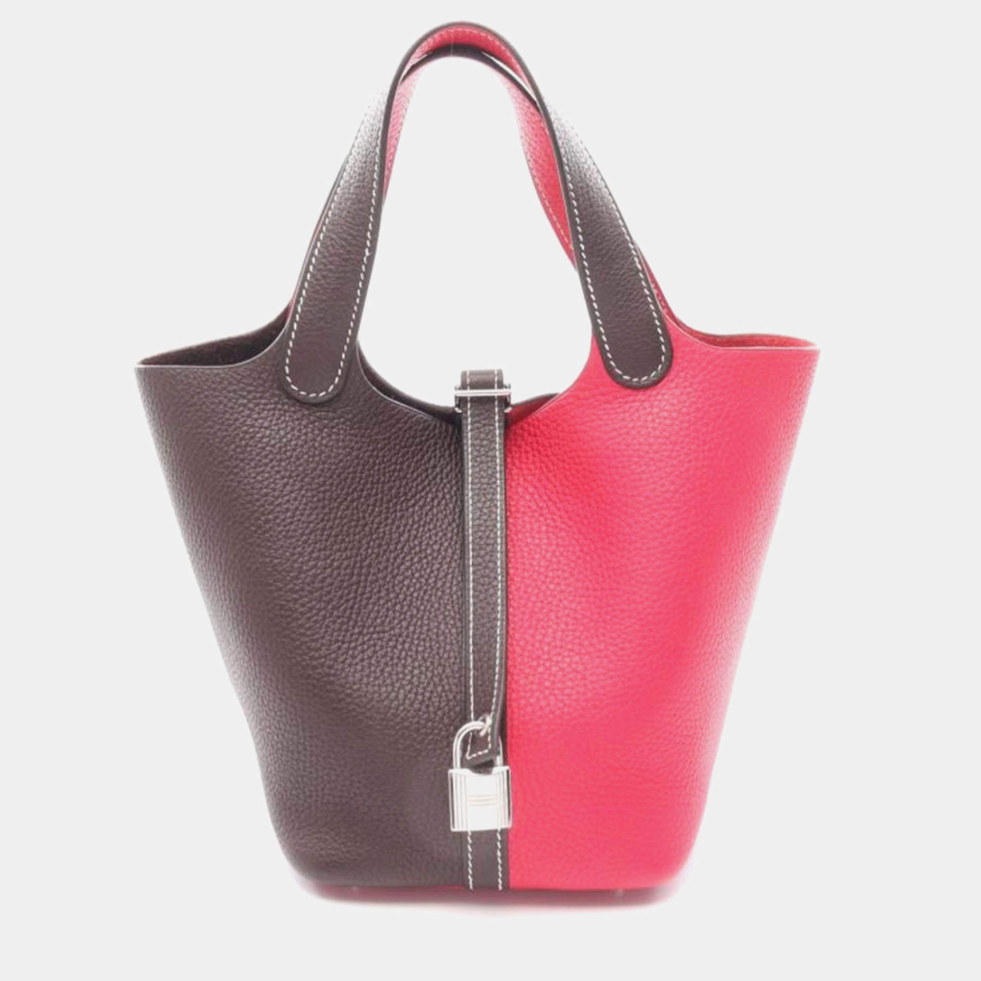 Pre Owned Hermes Picotin Lock 18 Brown / Pink Taurillon Clemence Leather Shoulder Bag