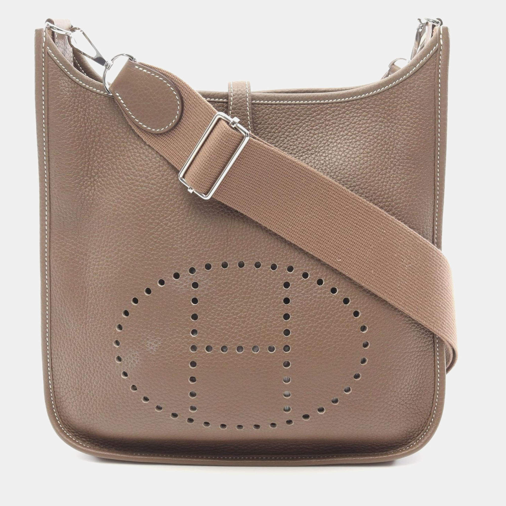 Pre Owned Hermes Evelyne 3 Troyes PM Shoulder Bag A Clemence Leather Etoupe Grey Shw