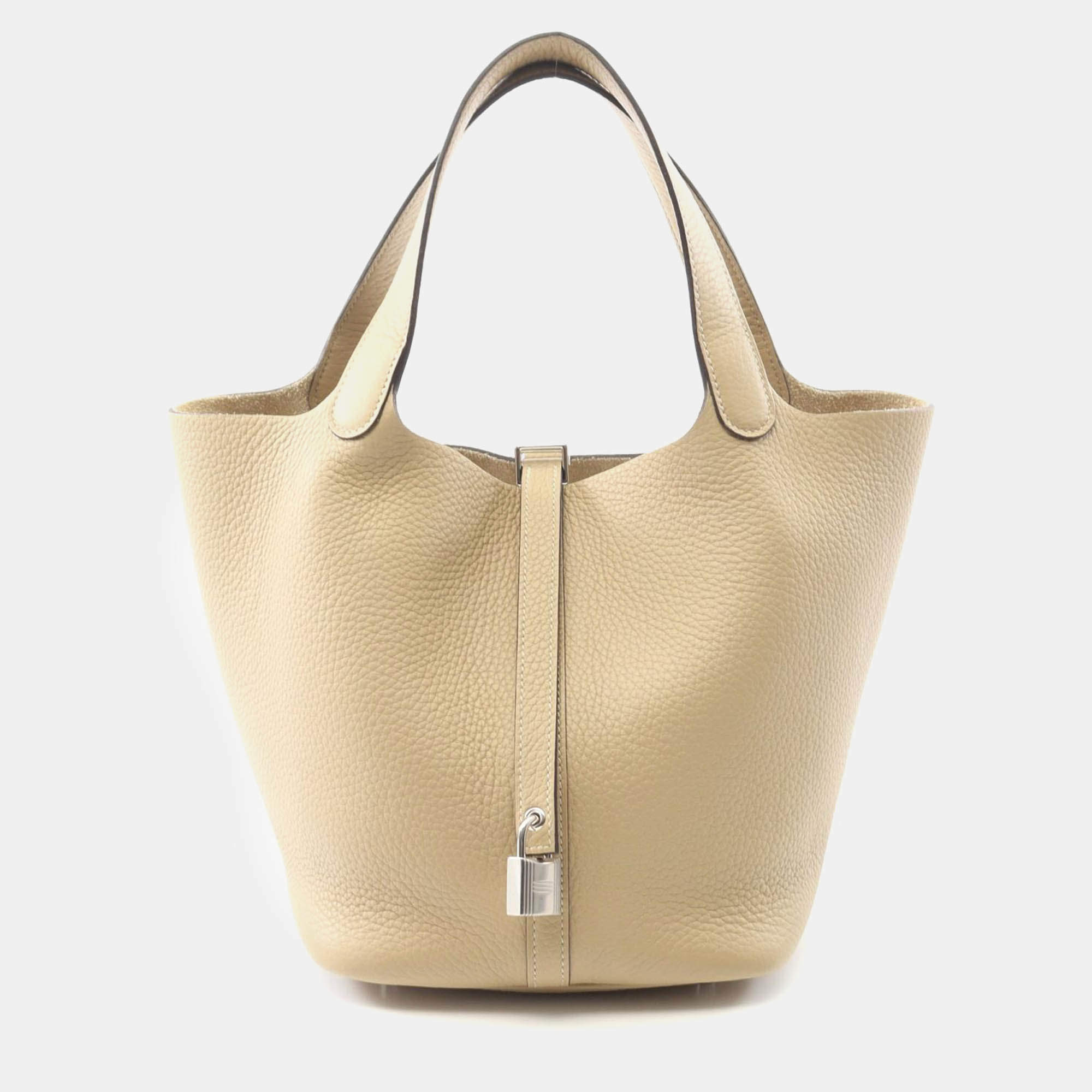 Pre Owned Hermes Picotin Lock 22 Trench Beige Taurillon Clemence Leather Bag