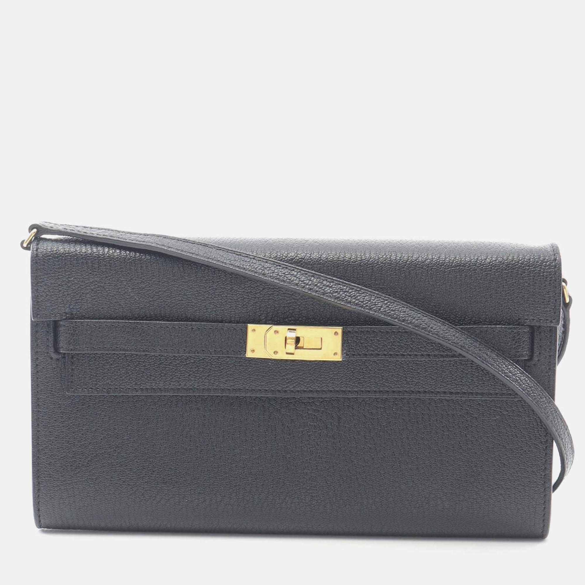 Pre Owned Hermes Kelly To Go Black Chevre Leather Shoulder Bag