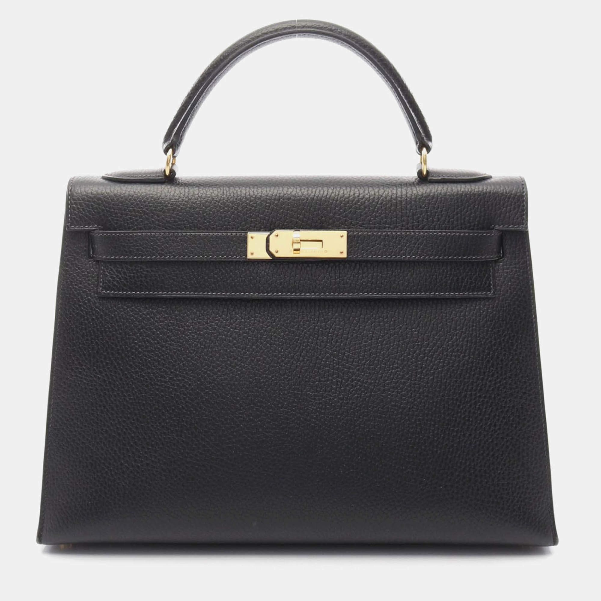 Pre Owned Hermes Kelly 32 Shoulder Handbag V Ardennes Leather Noir Black Sellier Ghw