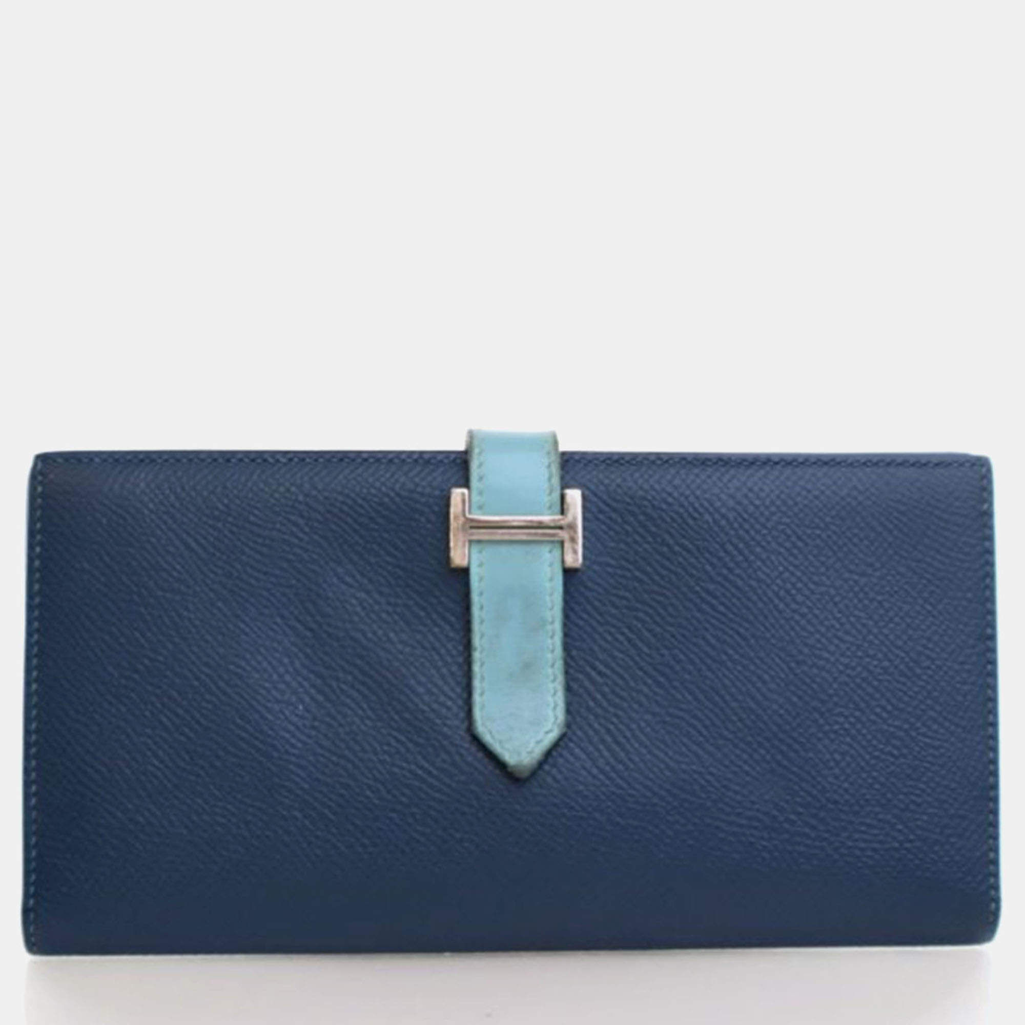 Pre Owned Hermes Bearn Blue Epsom/Swift Leather Wallet