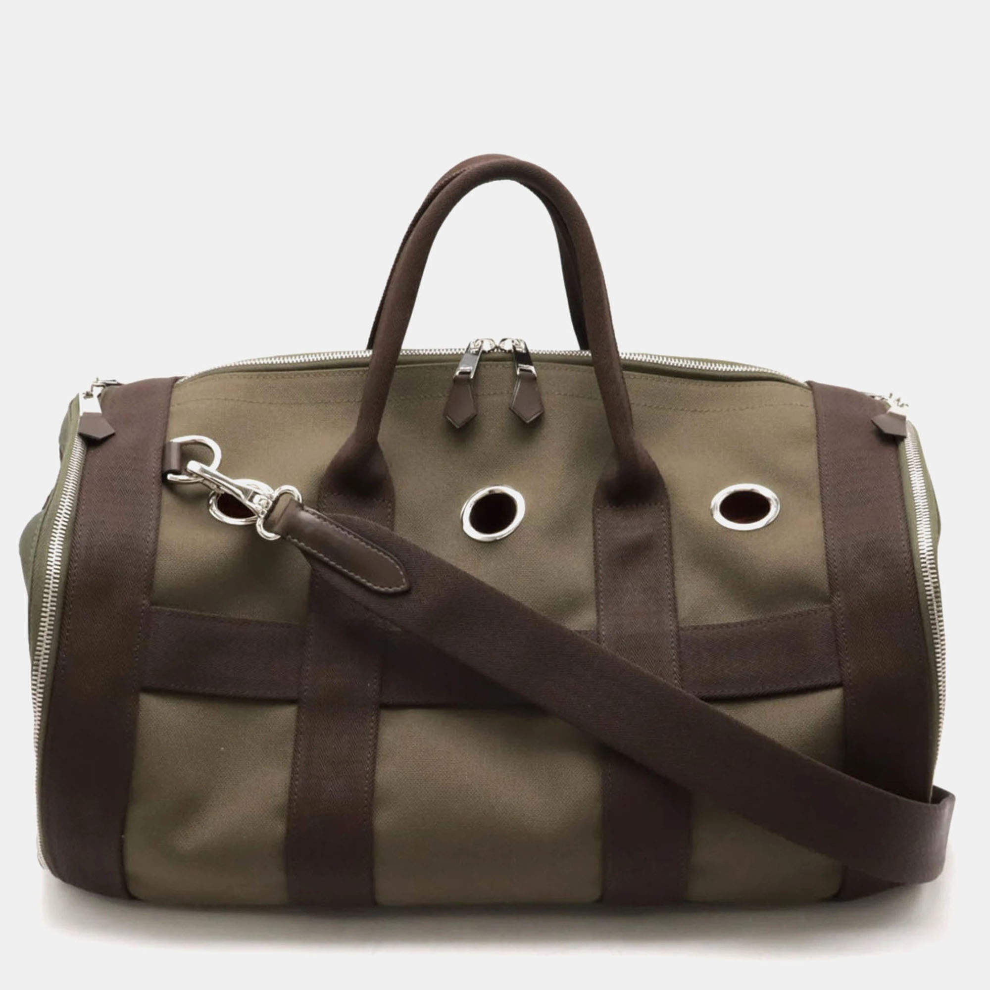 Pre Owned Hermes Dog Carrier Khaki/Dark Brown Canvas and Leather Shoulder Bag