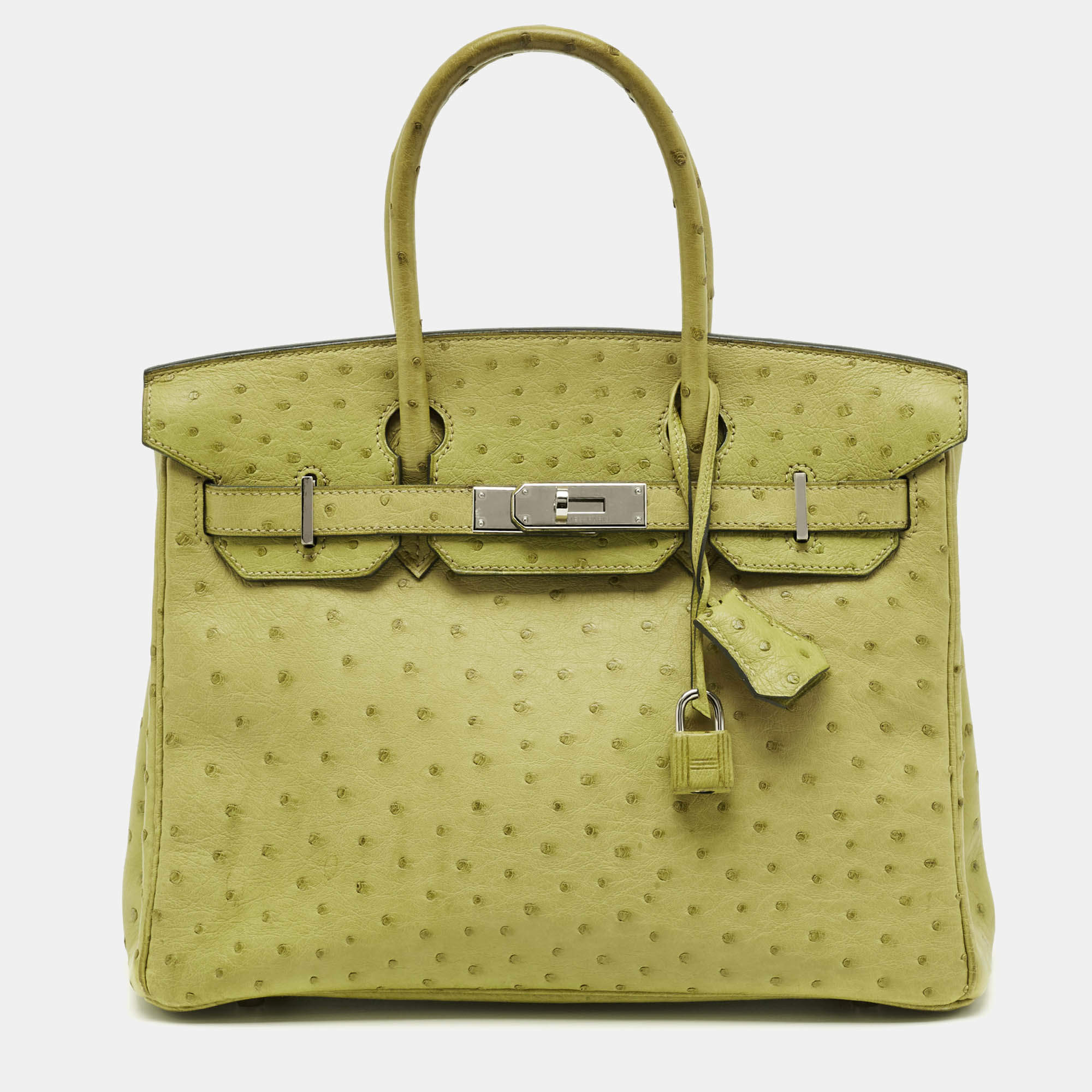 Pre Owned Hermes Vert Anis Ostrich Palladium Finish Birkin 30 Bag