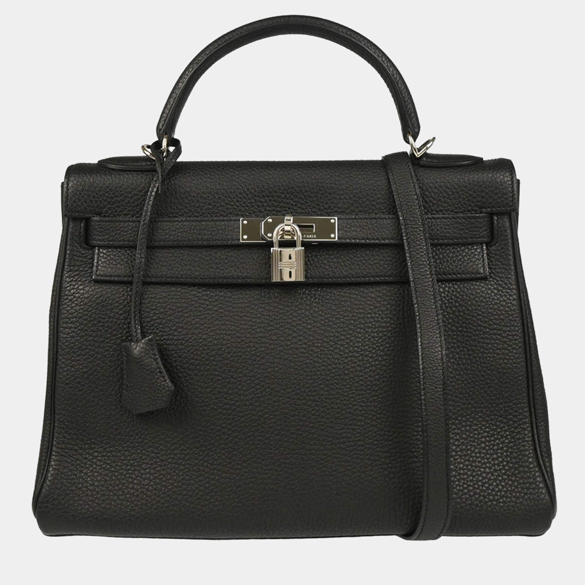 Pre Owned Hermes Kelly 32 Retourne Black Taurillon Clemence Leather Handbag