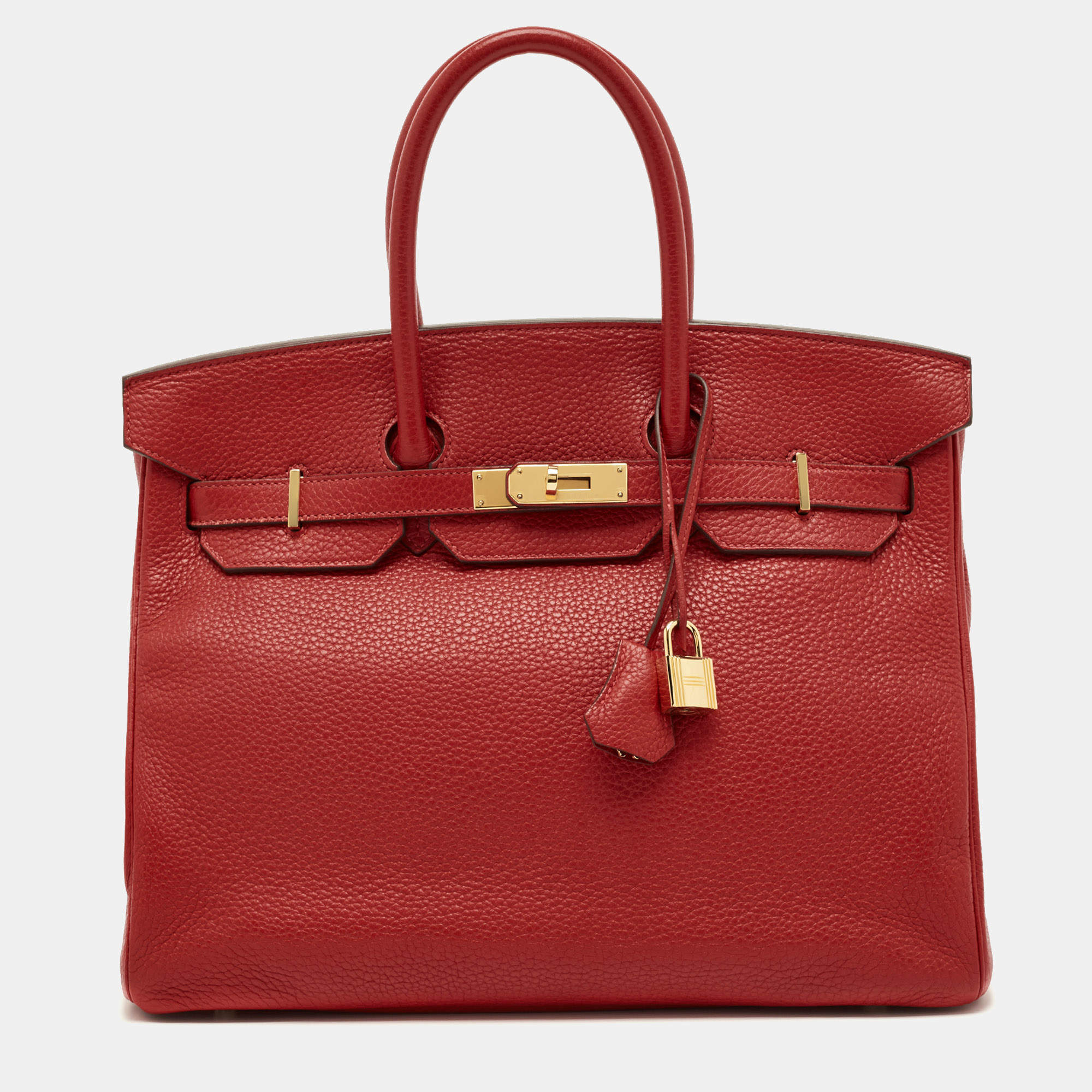 Pre Owned Hermes Rouge Tomate Taurillon Clemence Leather Gold Finish Birkin 35 Bag