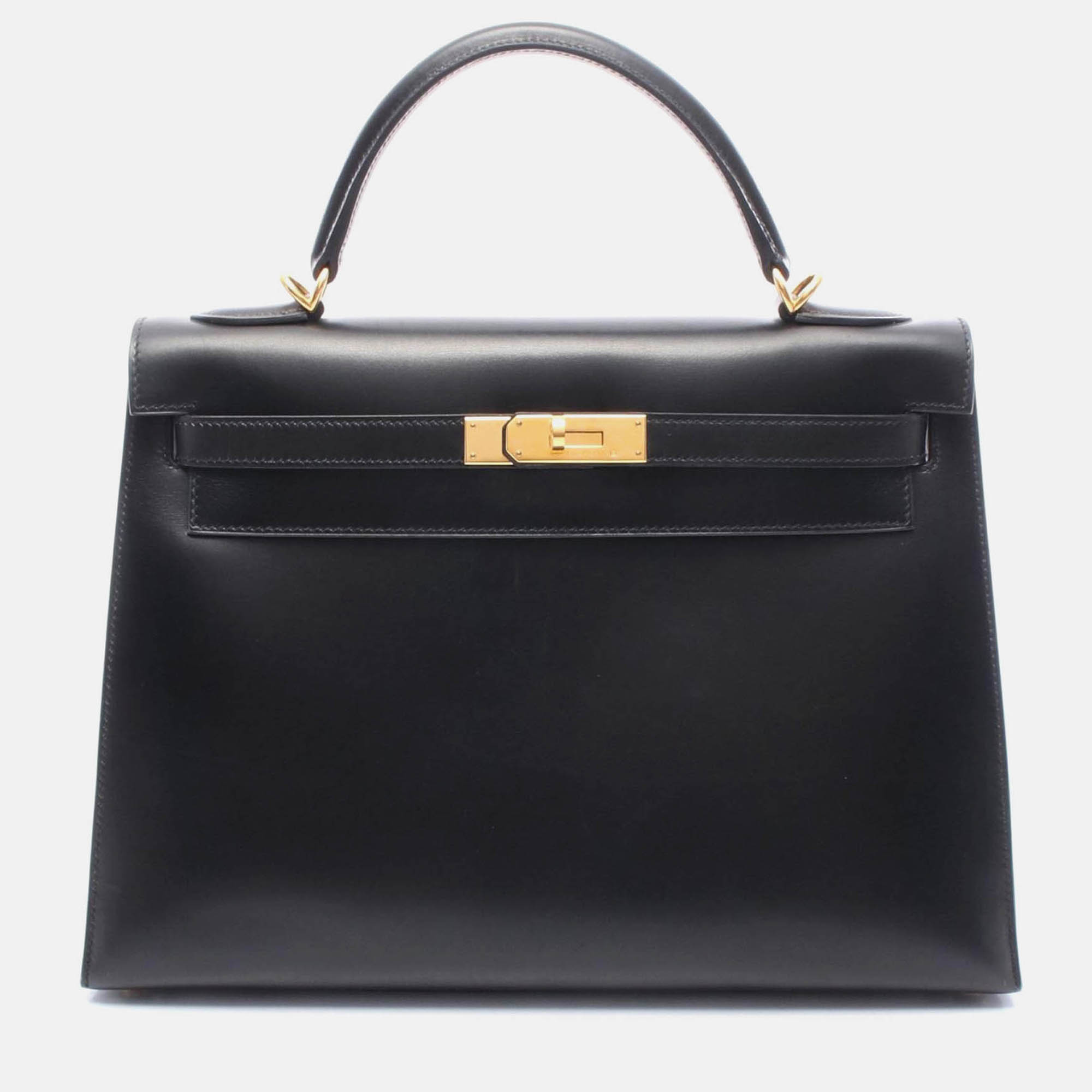Pre Owned Hermès Kelly 32 Black Calf Box Leather GHW Outside Stitch Handbag