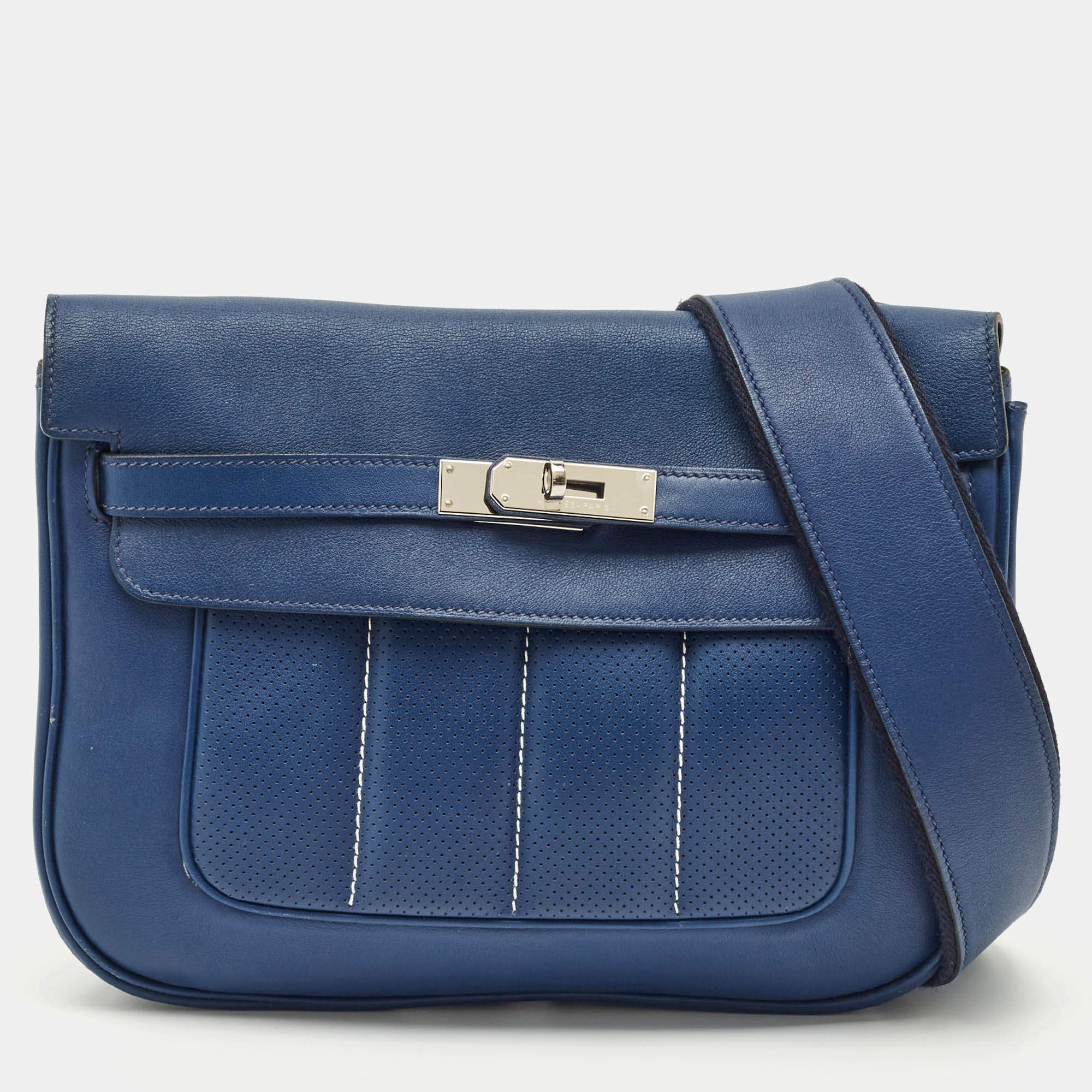 Pre Owned Hermes Bleu Saphir Swift Leather Palladium Finish Berline 28 Bag