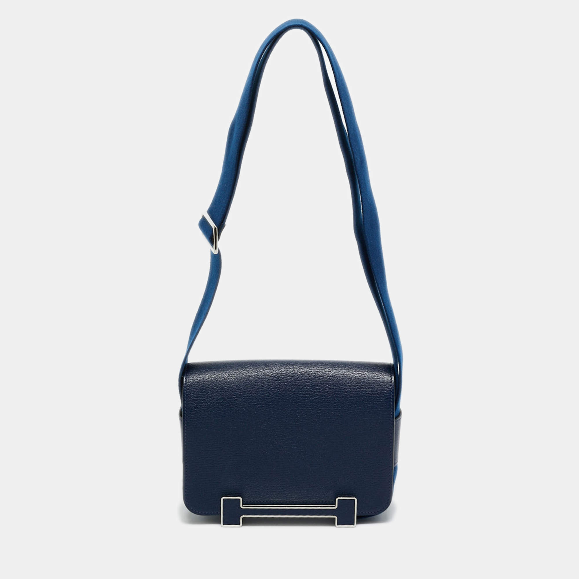 Pre Owned Hermes Bleu Navy Chevre Mysore Leather Palladium Finish Geta Bag
