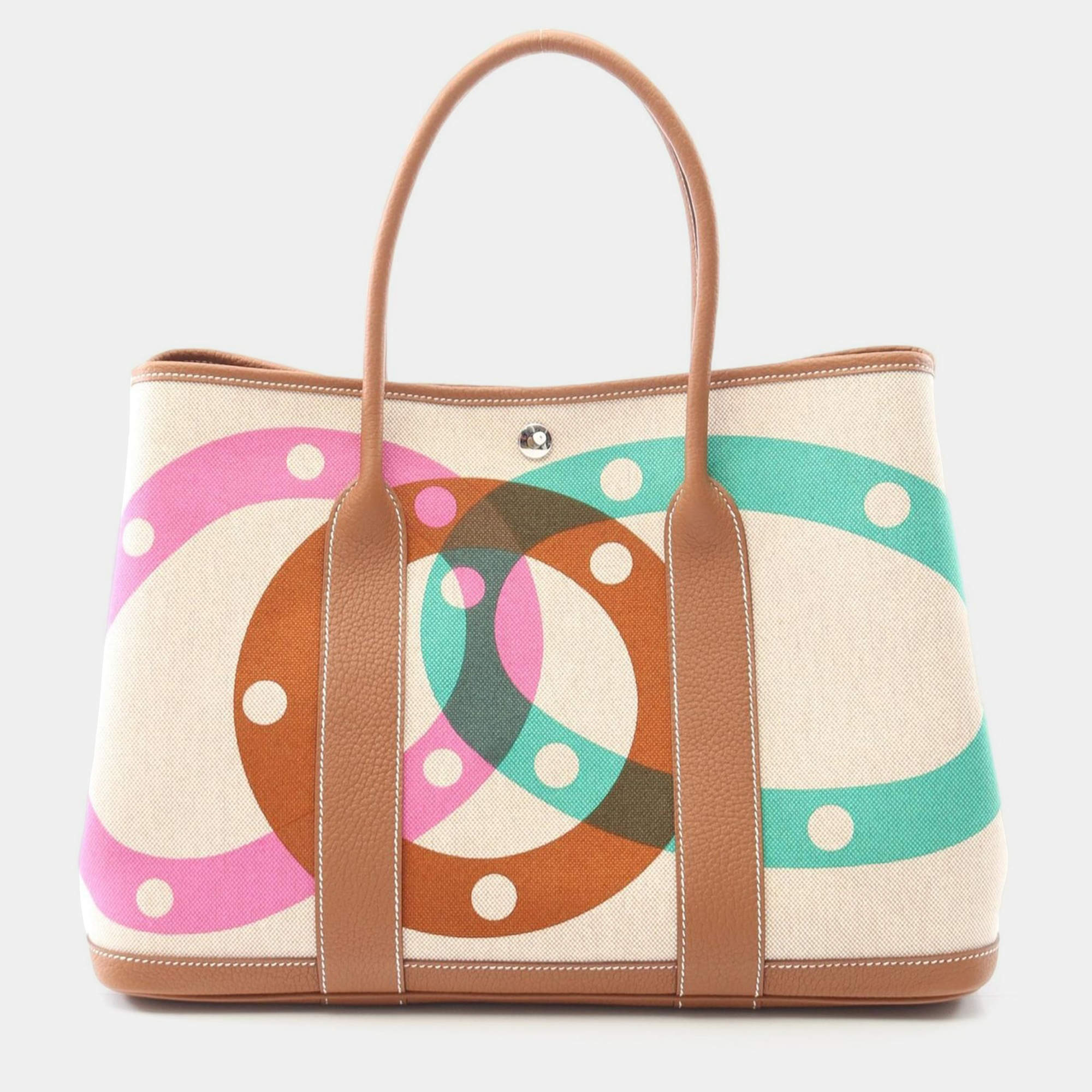 Pre Owned Hermes Garden Party Beige Toile H Canvas Negonda Leather Tote PM