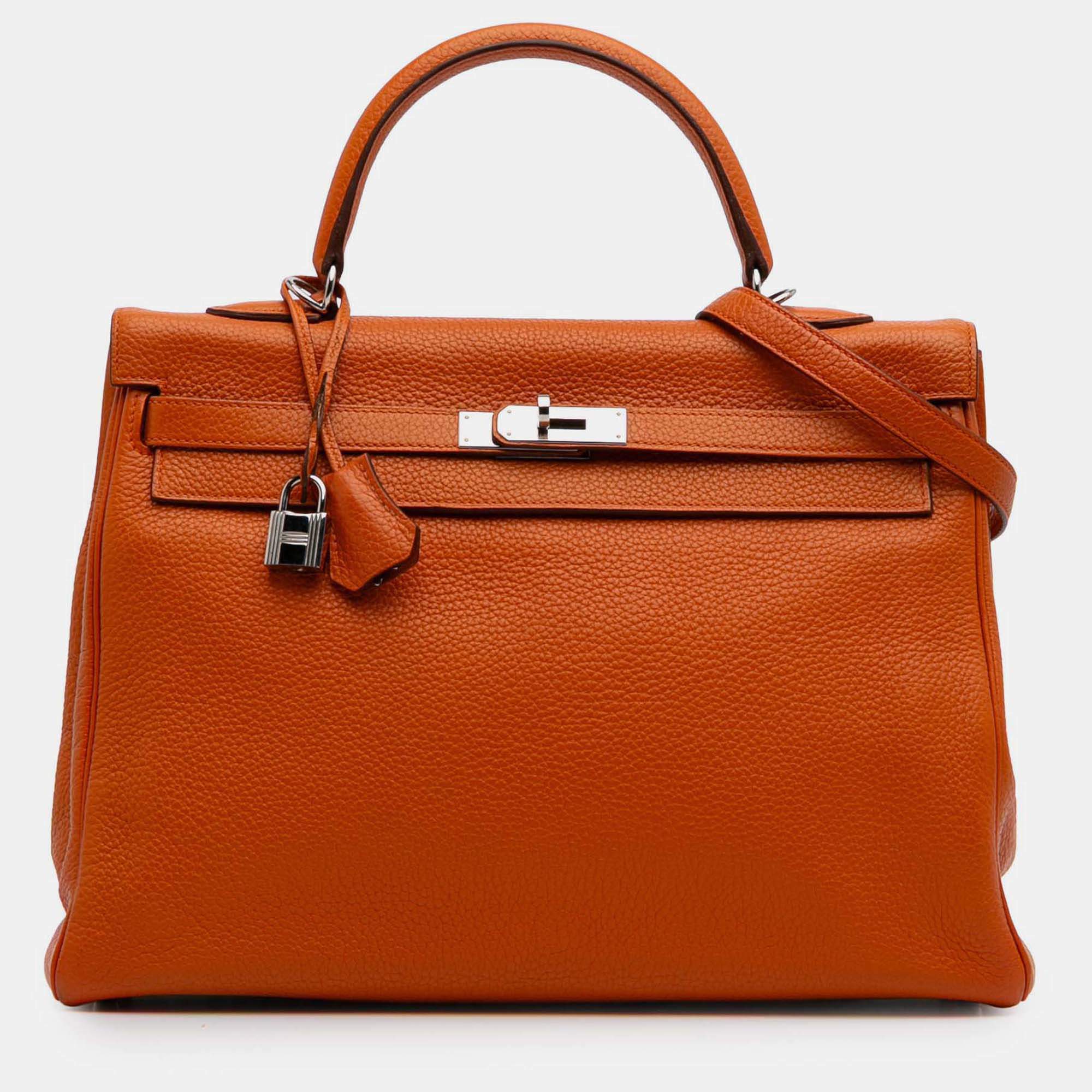 Pre Owned Hermes 35 Kelly II Orange Togo Leather Shoulder Bag