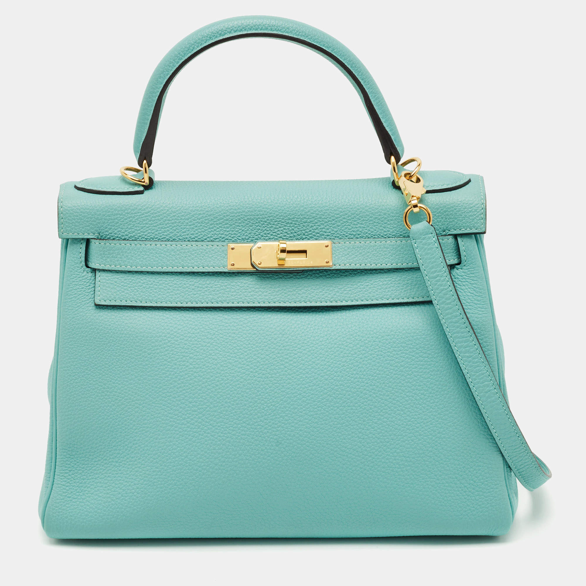 Pre Owned Hermes Bleu Atoll Togo Leather Gold Finish Kelly Retourne 28 Bag