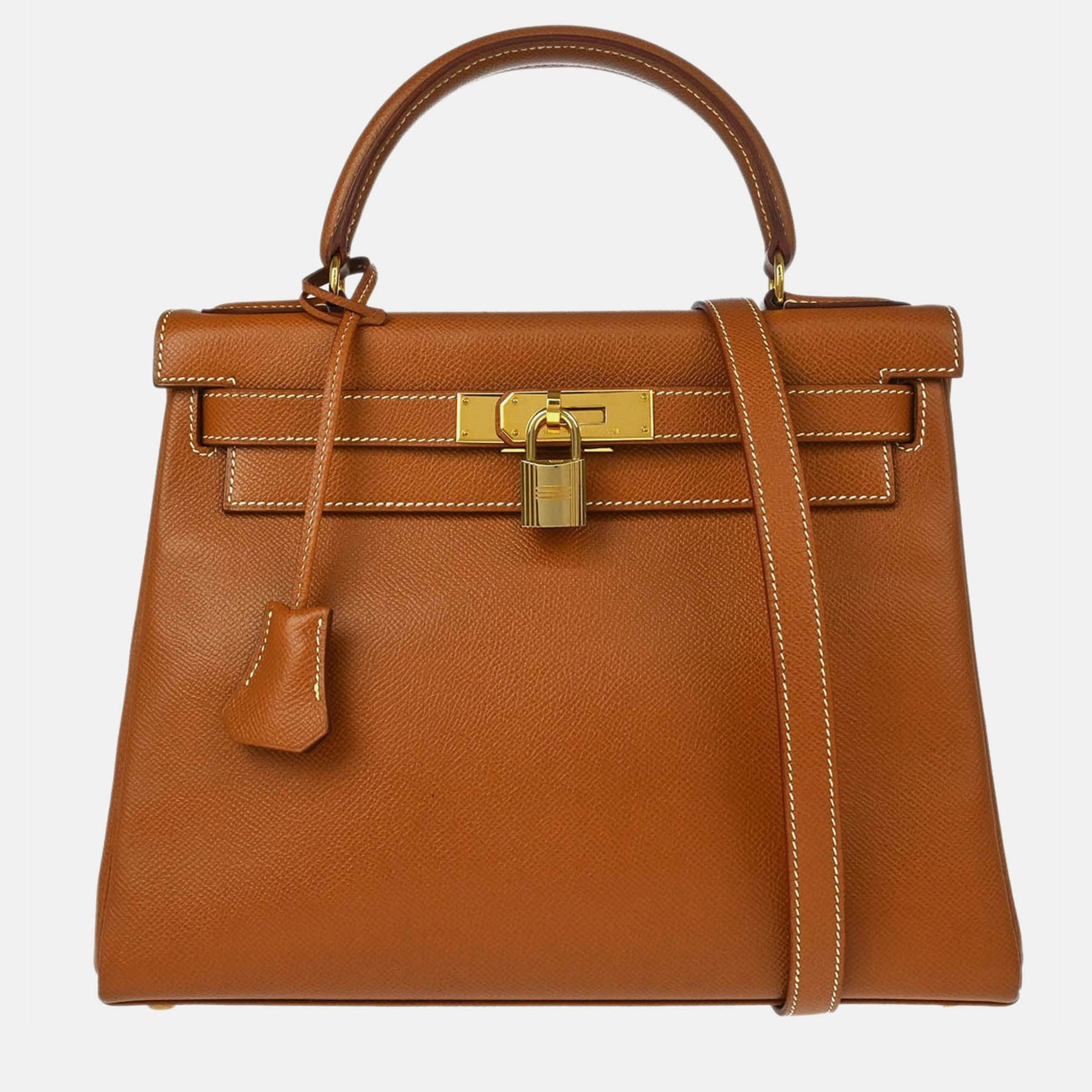 Pre Owned Hermes Kelly 28 Retourne Gold Courchevel Handbag