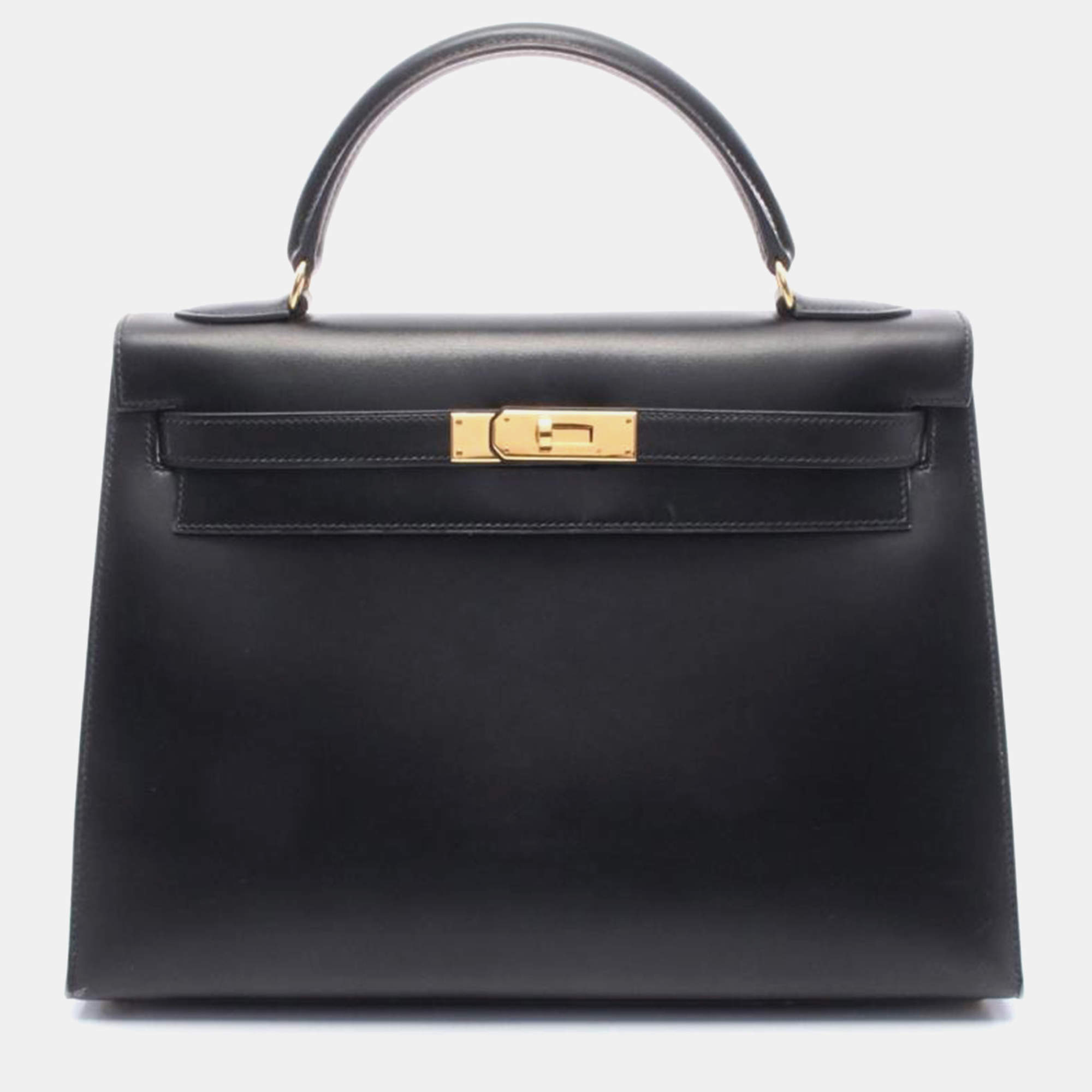 Pre Owned Hermes Kelly 32 Noir Box Calf Leather Handbag