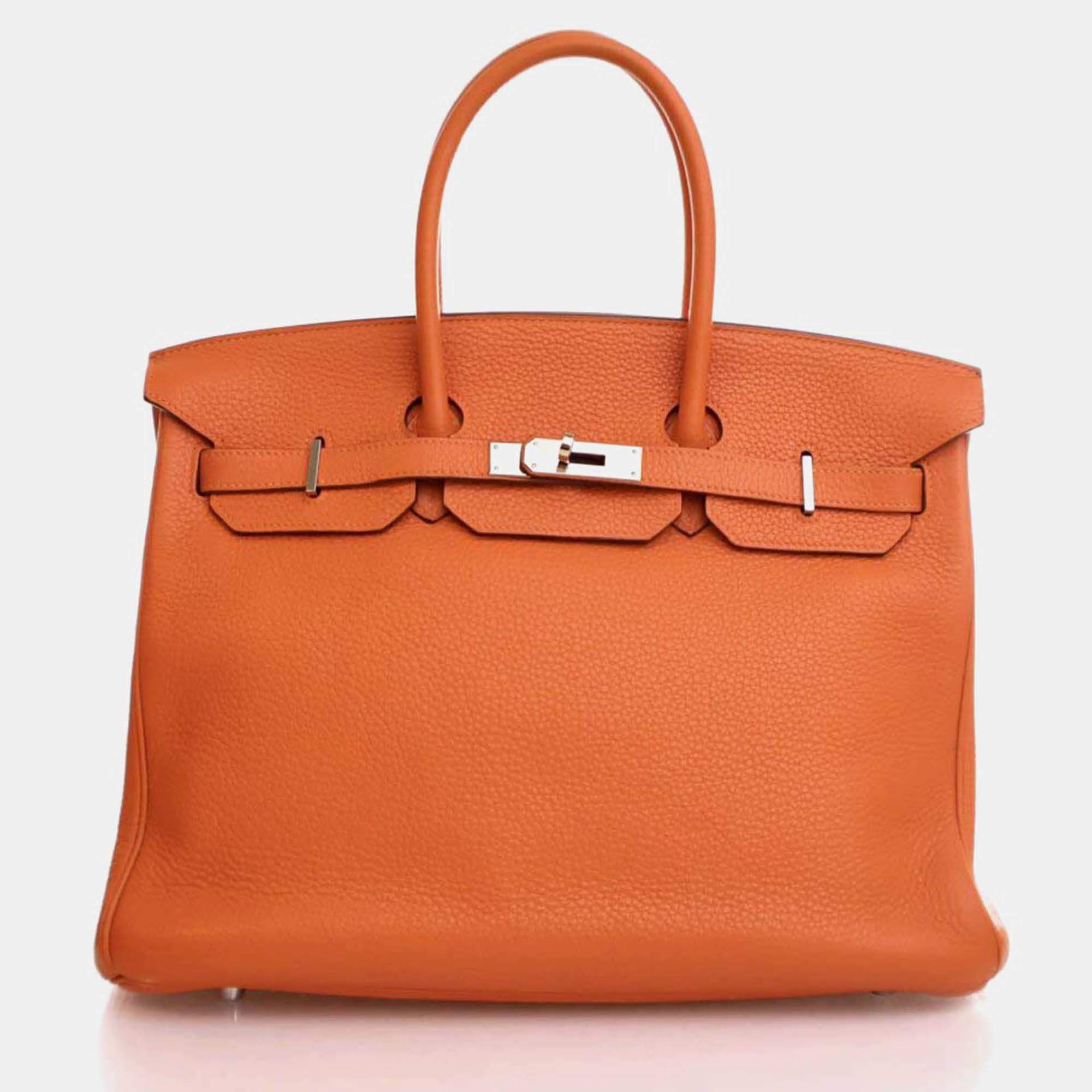Pre Owned Hermes Birkin 35 Orange Togo Leather Top Handle Bag