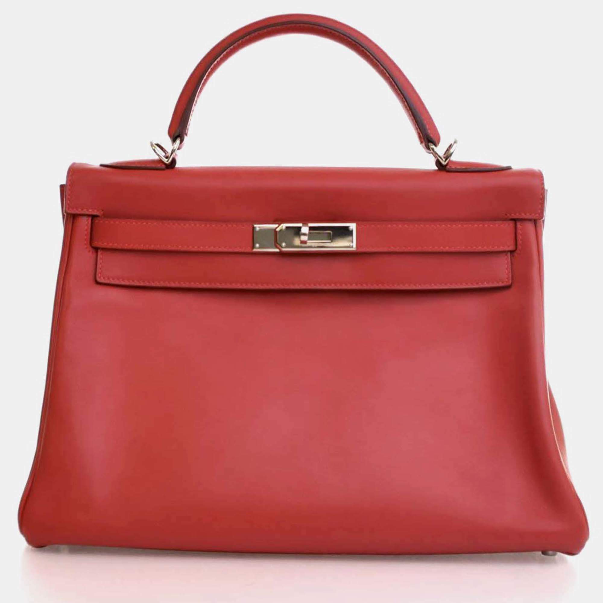 Pre Owned Hermes Kelly 32 Red Swift Leather Top Handle Bag