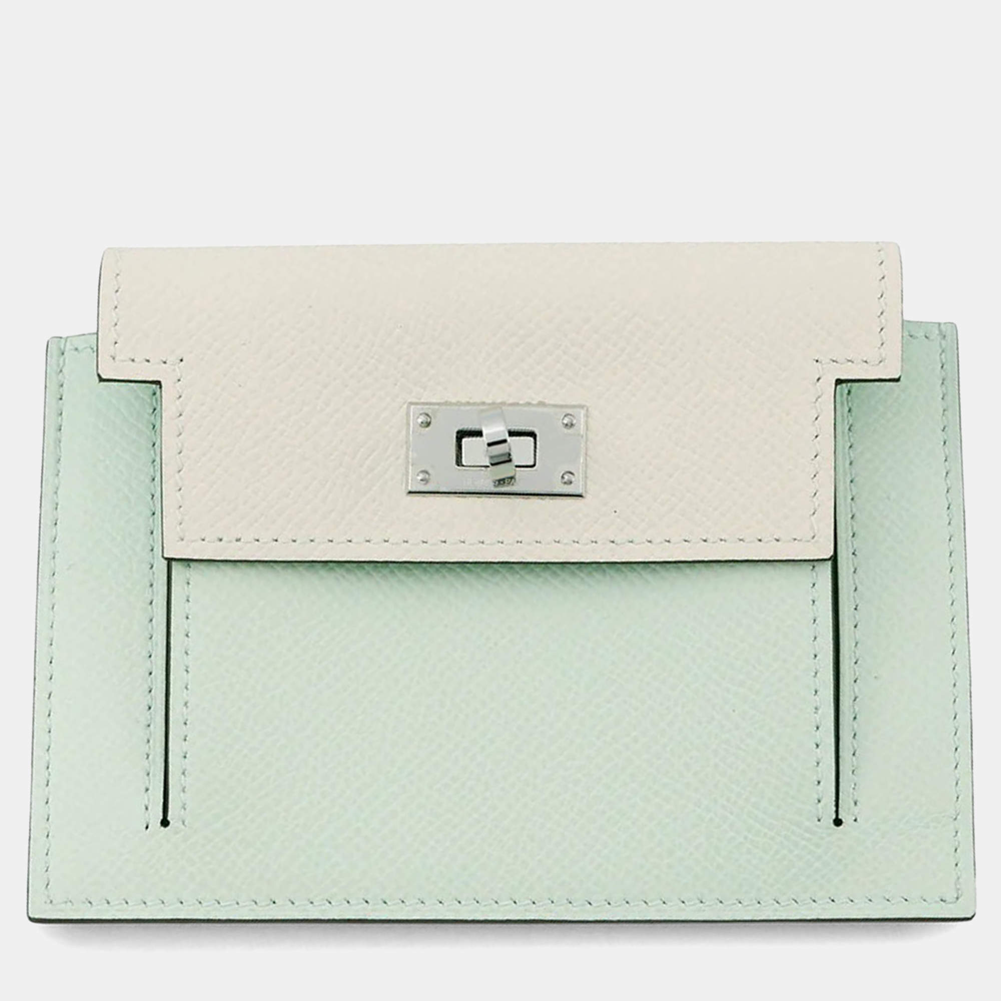 Pre Owned Hermes Kelly Pocket Compact Tricolor Vert Fizz Nata Vert Comics Epsom Leather Wallet