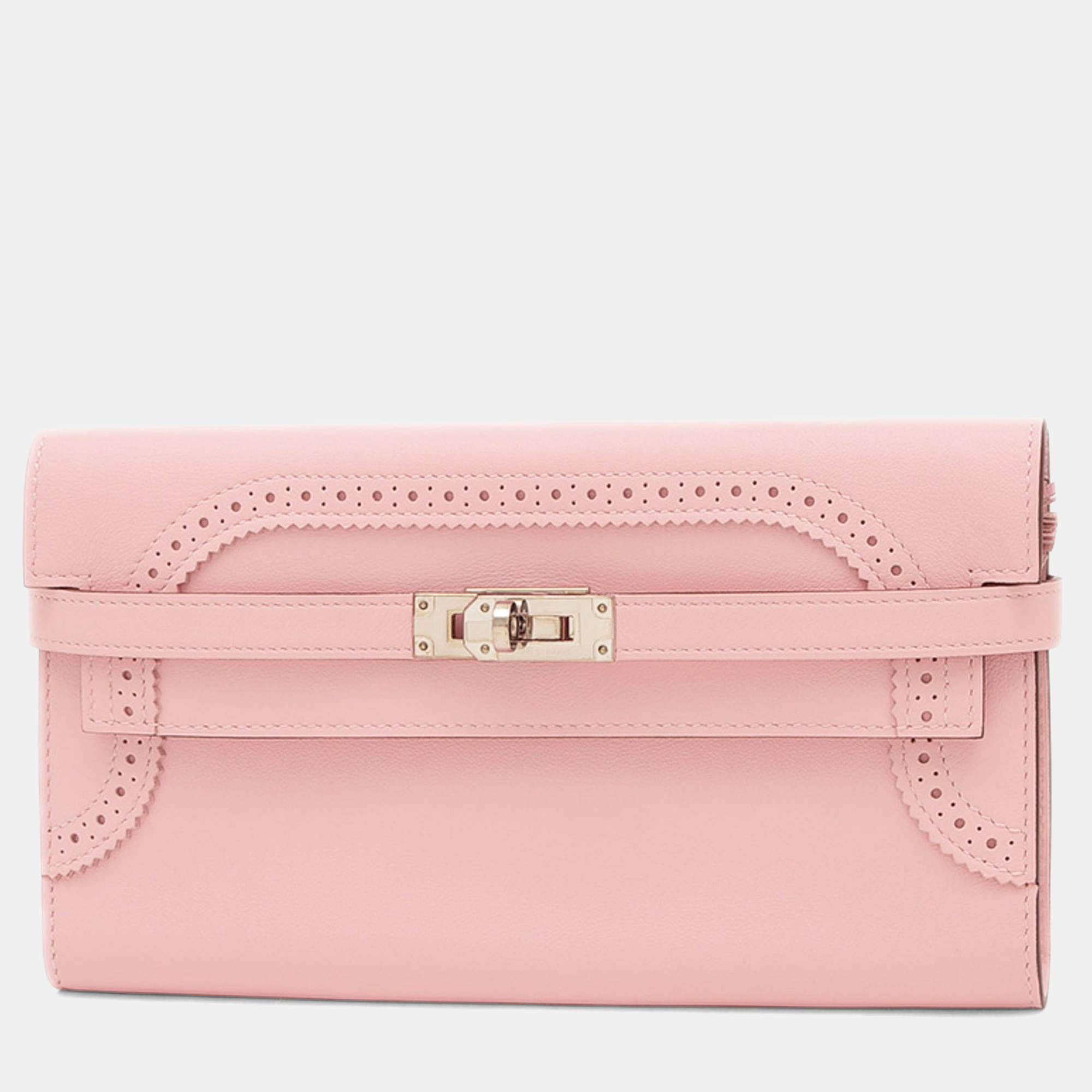 Pre Owned Hermes Kelly Wallet Gillies Long Rose Sakura Swift Leather