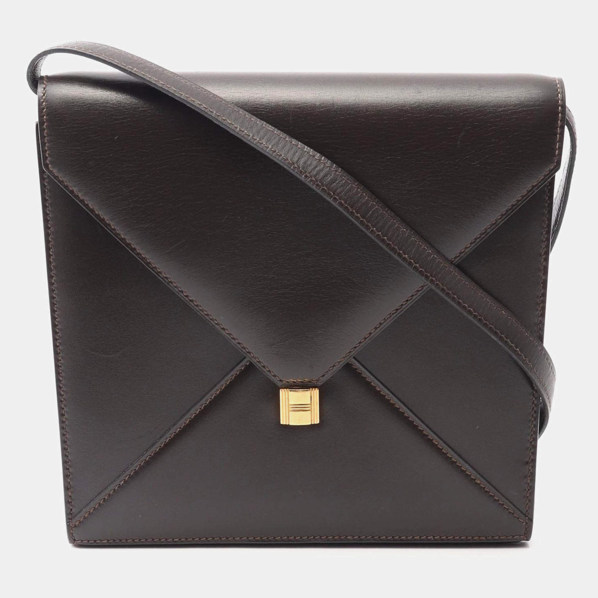 Pre Owned Hermes Brown Box Calf Leather Shoulder Bag