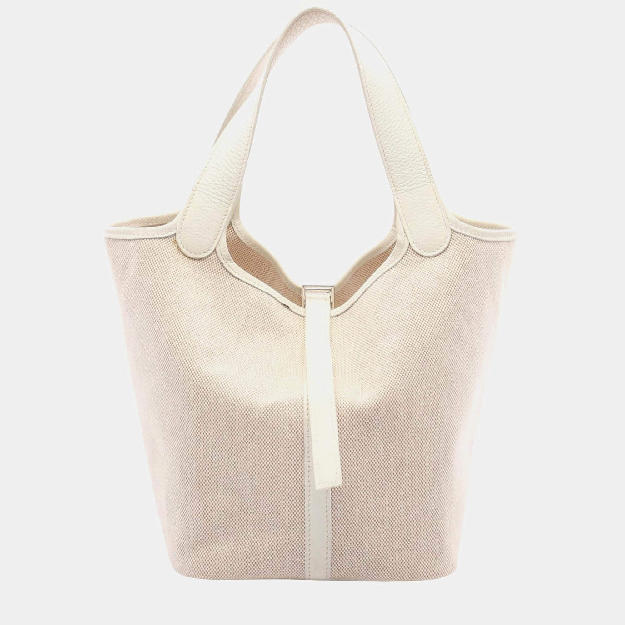 مملوكة مسبقًا Hermes Picotin White Ecru Clemence Leather Toile H Canvas Handbag PM