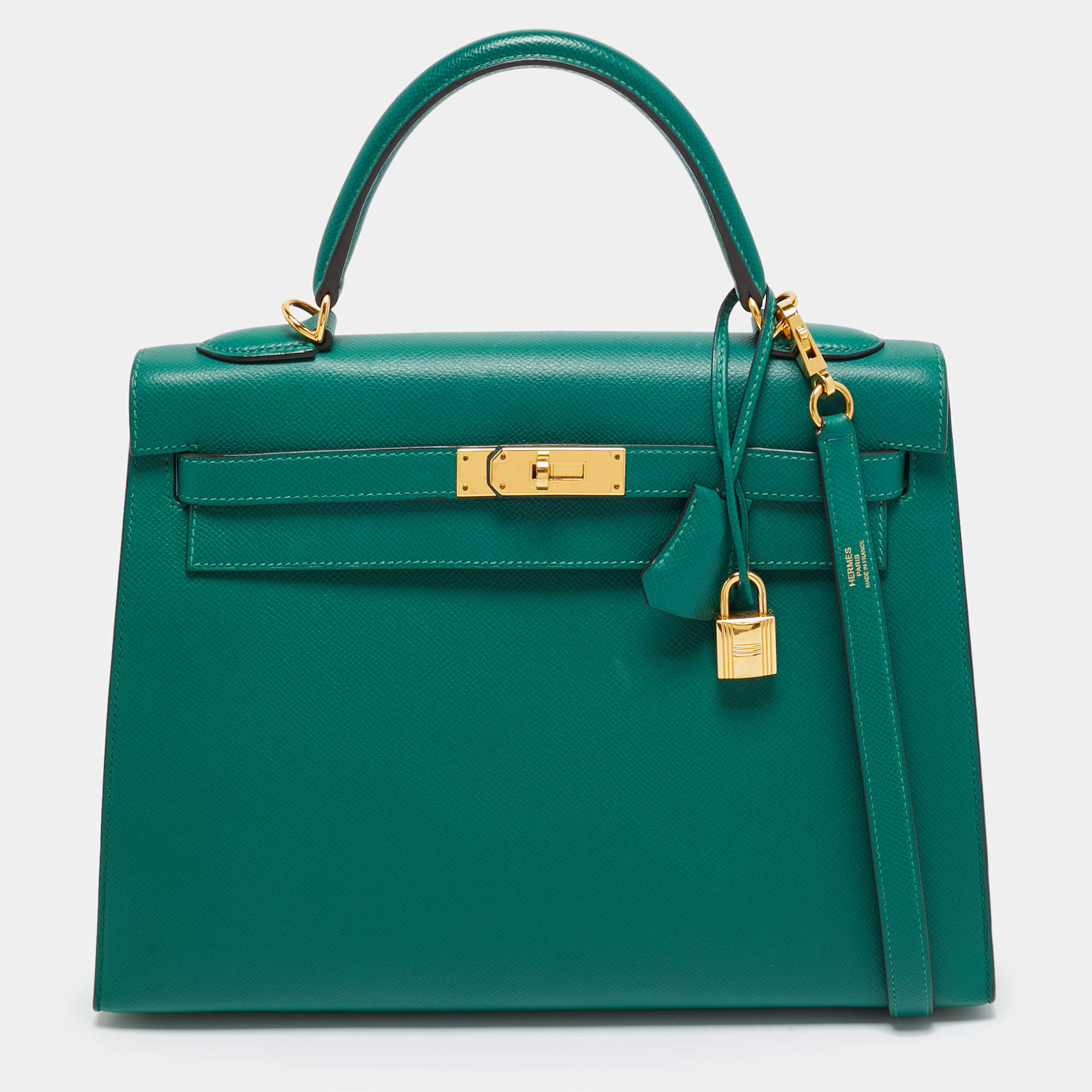Pre Owned Hermes Malachite Epsom Leather Gold Finish Kelly Sellier 32 Bag