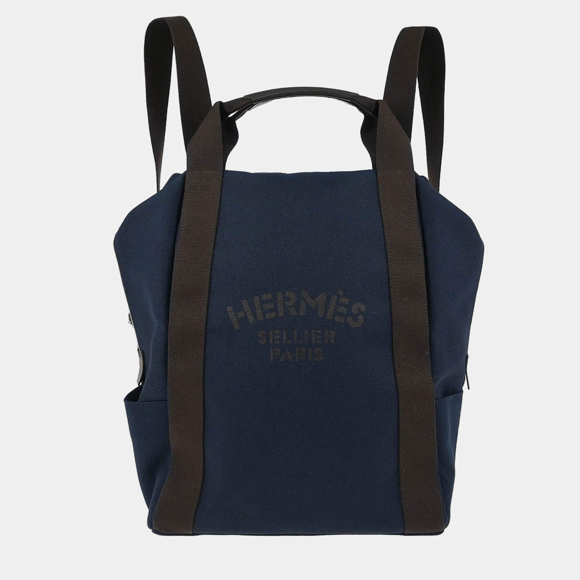 Pre Owned Hermes Navy Toile Officier Sac De Pansage Groom Backpack