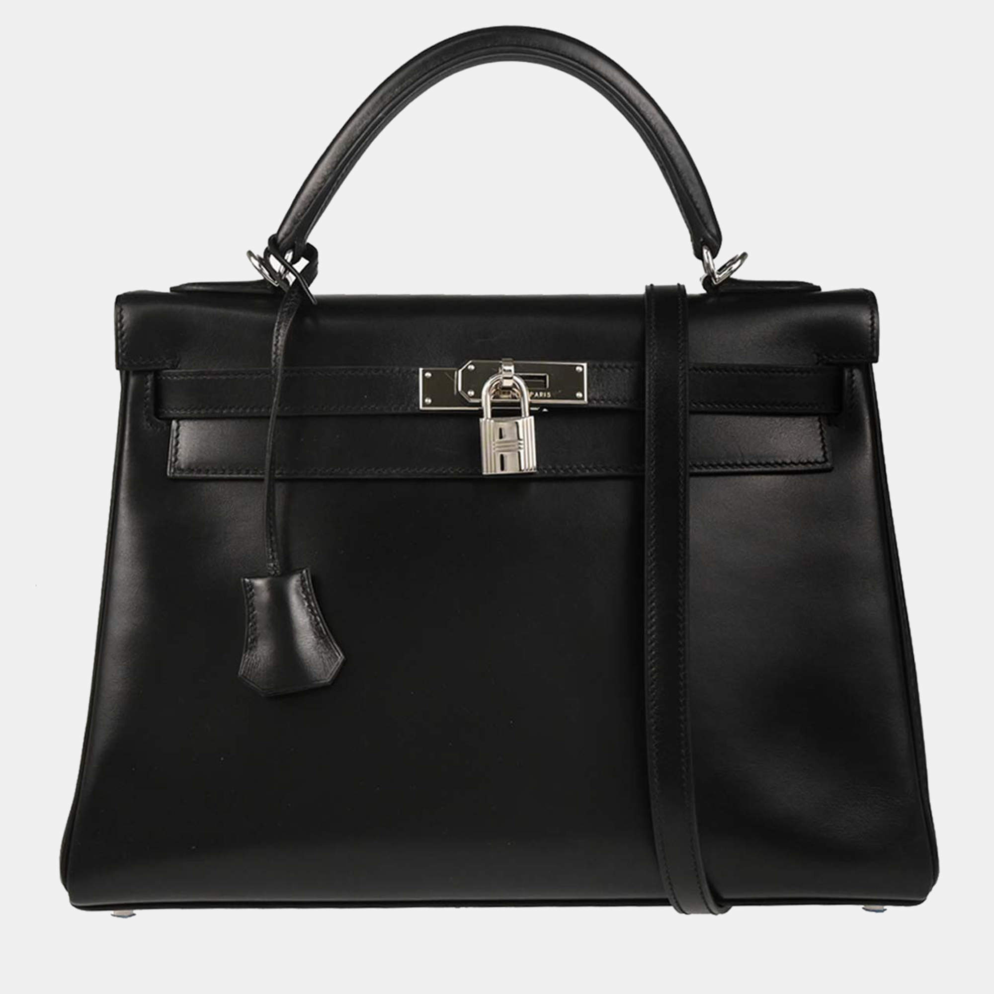 Pre Owned Hermes Kelly 32 Retourne Black Box Calf 2way Handbag