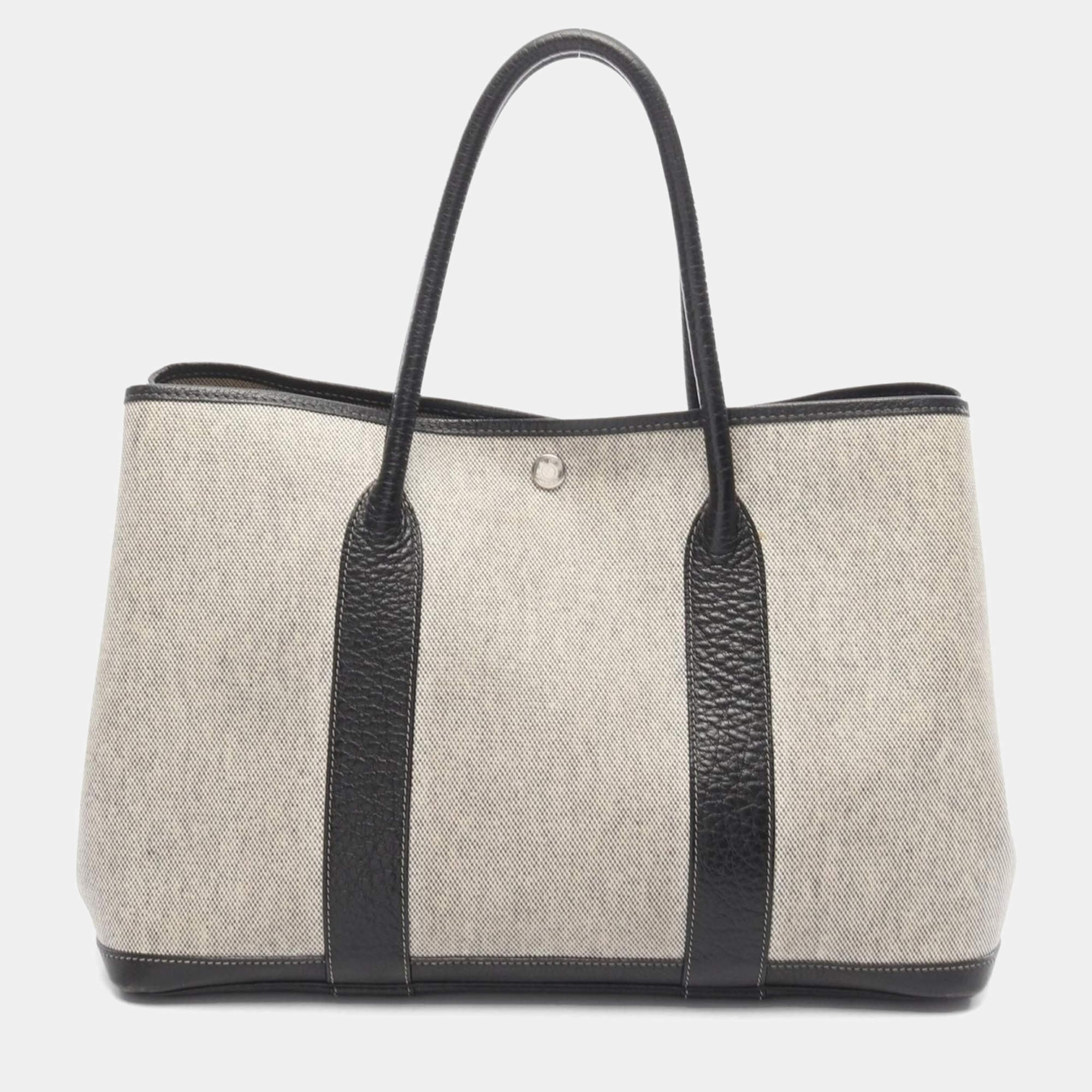 Pre Owned Hermes Garden Party Gray Black Toile H Canvas Leather F Tote PM