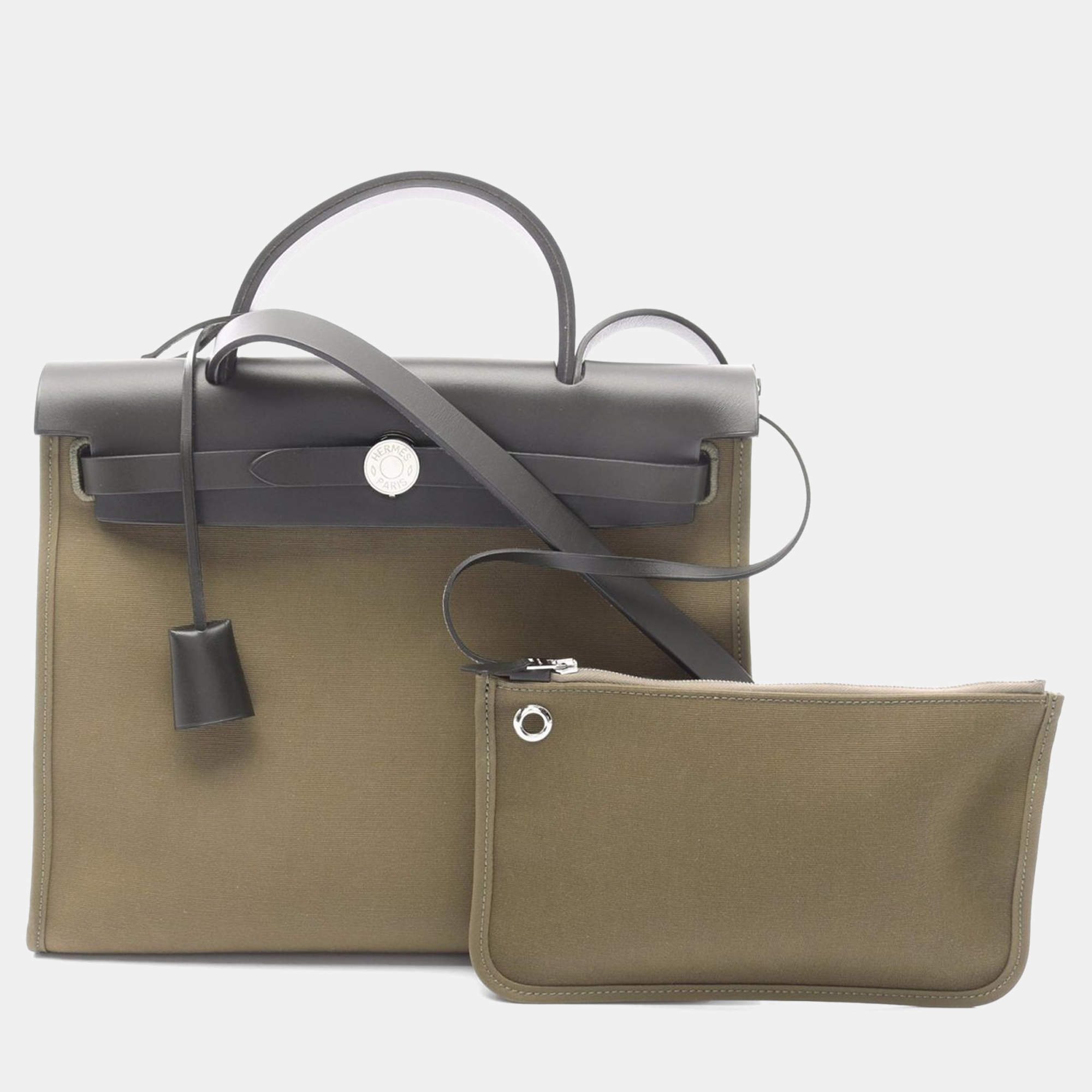 Pre Owned Hermes Herbag Zip Khaki Black Hunter Toile Officier Y Handbag PM