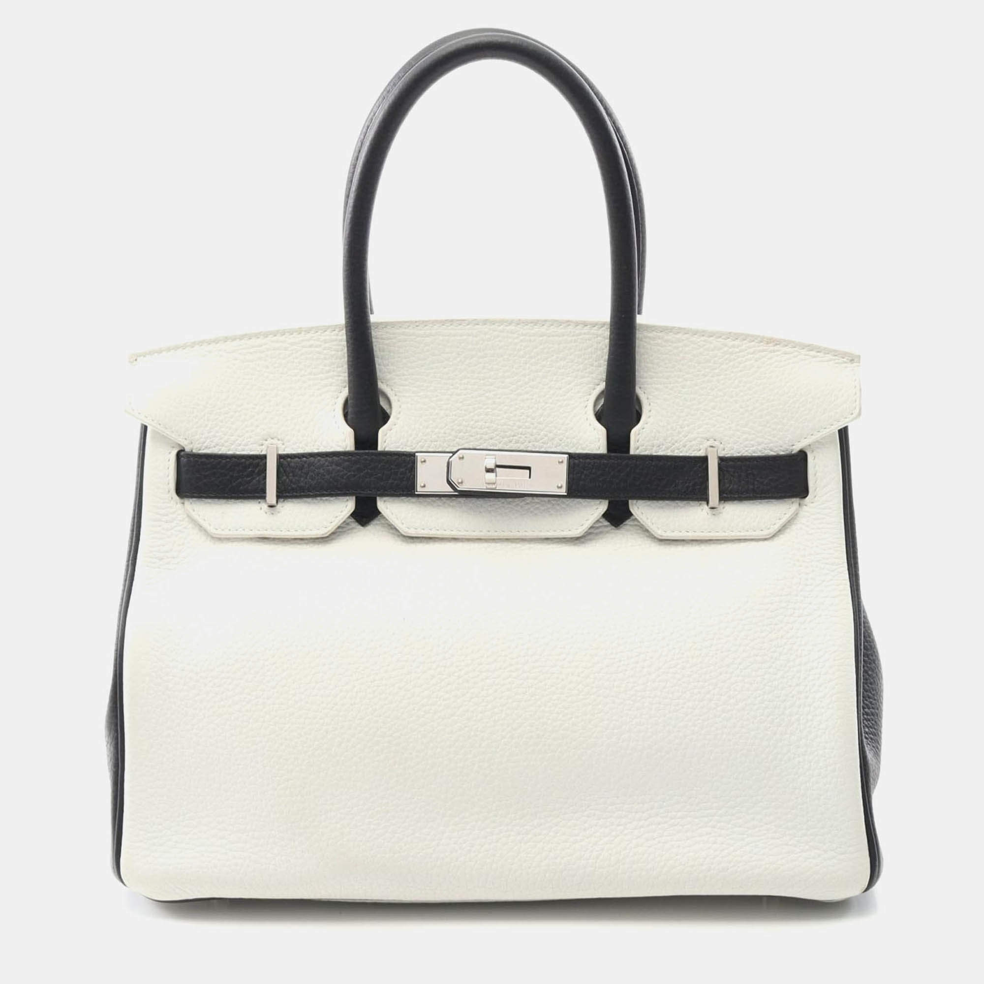 Pre Owned Hermes Birkin 30 Handbag Clemence Leather Black White