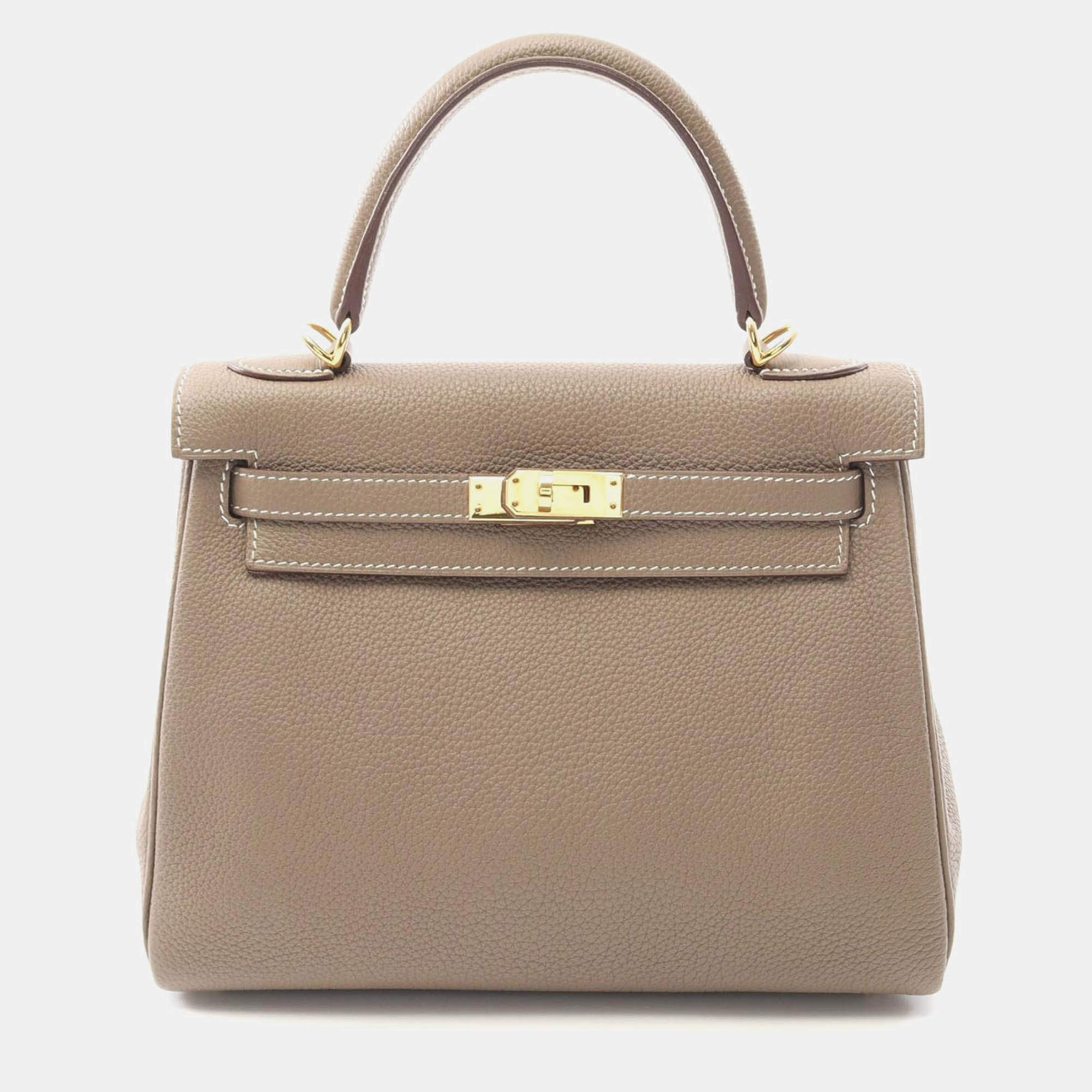 Pre Owned Hermes Kelly 25 Etoupe Grey Togo Leather Shoulder Bag