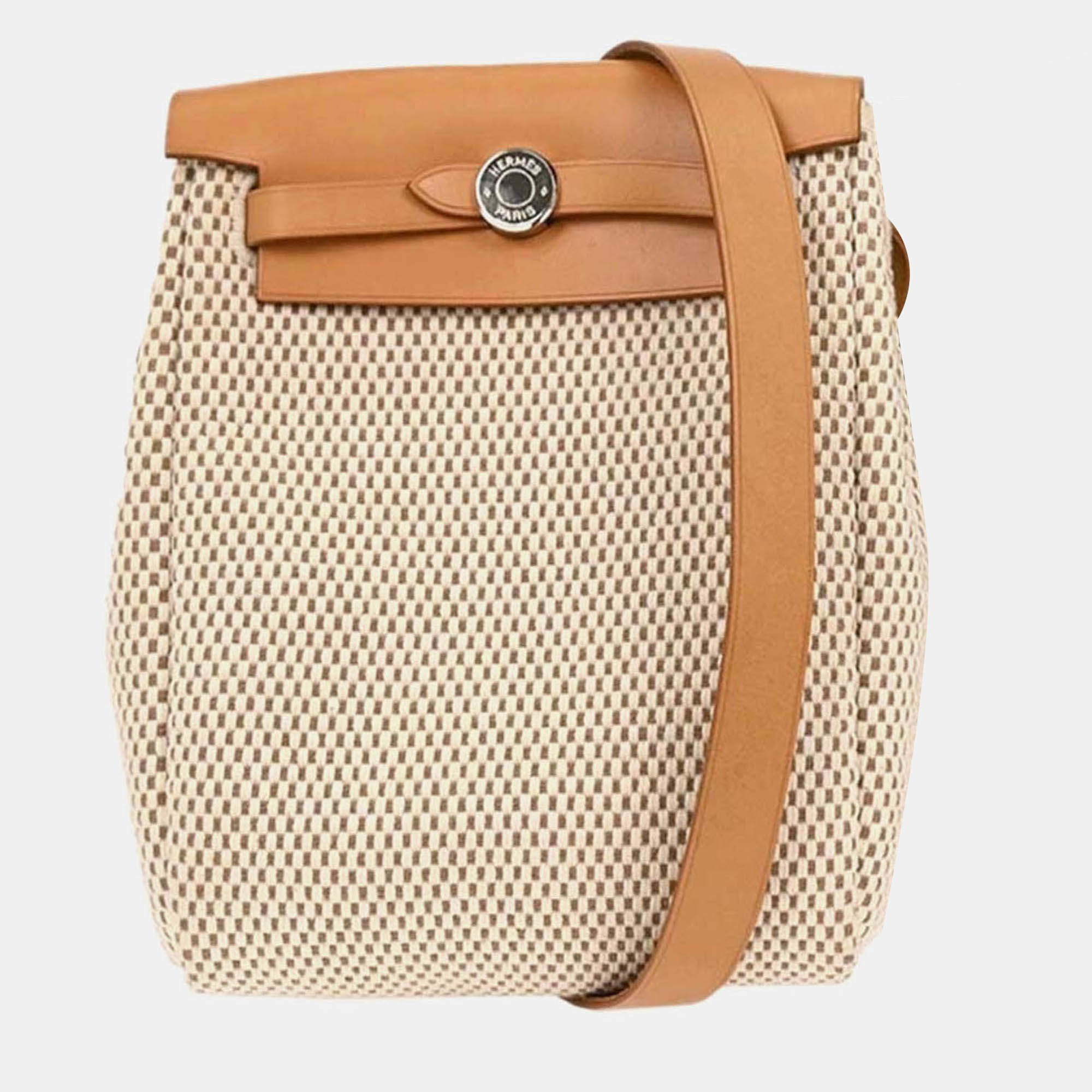 Pre Owned Hermes Beige Black Toile GM Officier Herbag TPM Shoulder Bag