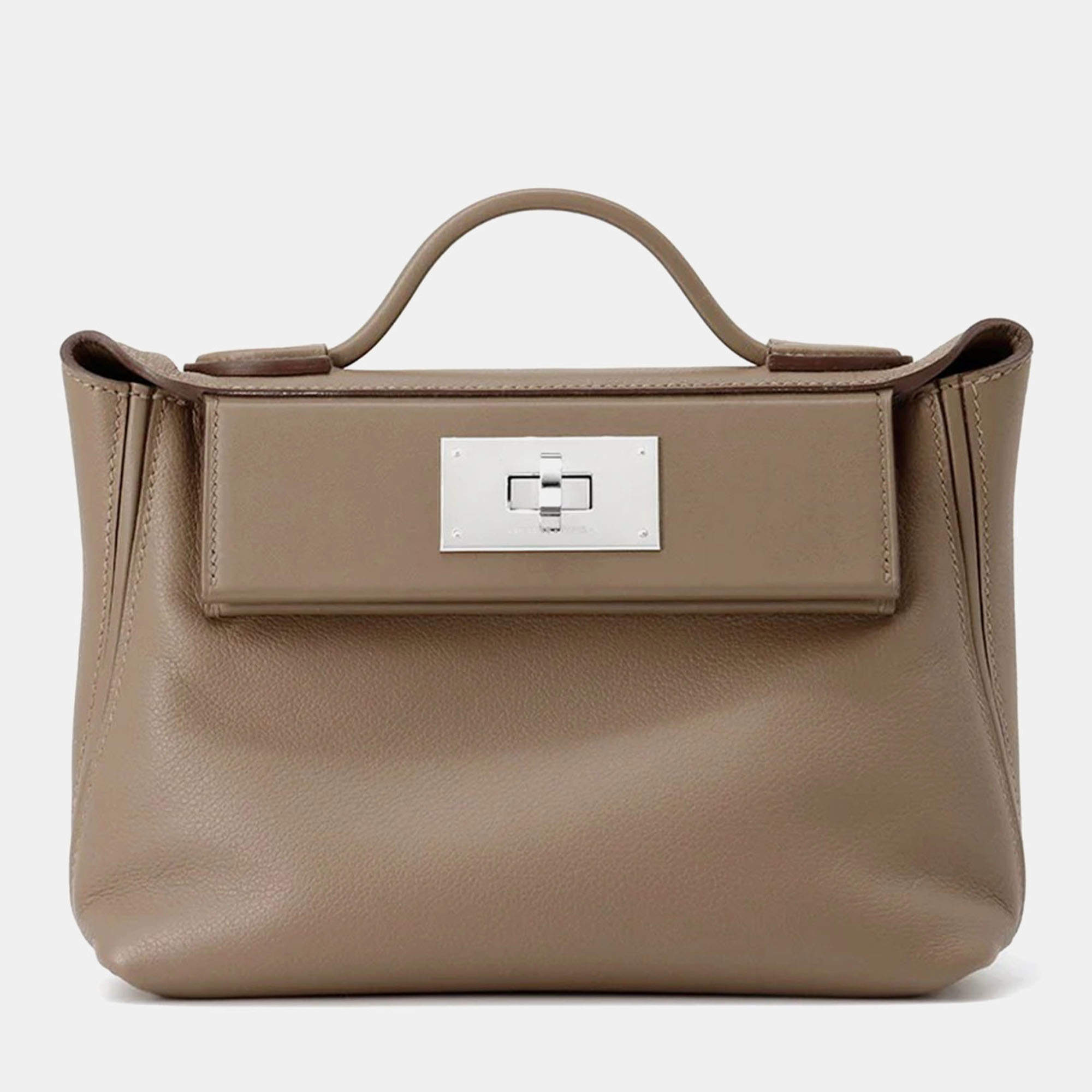 Pre Owned Hermes 24/24 Sac Van Quatre Mini Etoupe Swift Evercolor Leather Handbag