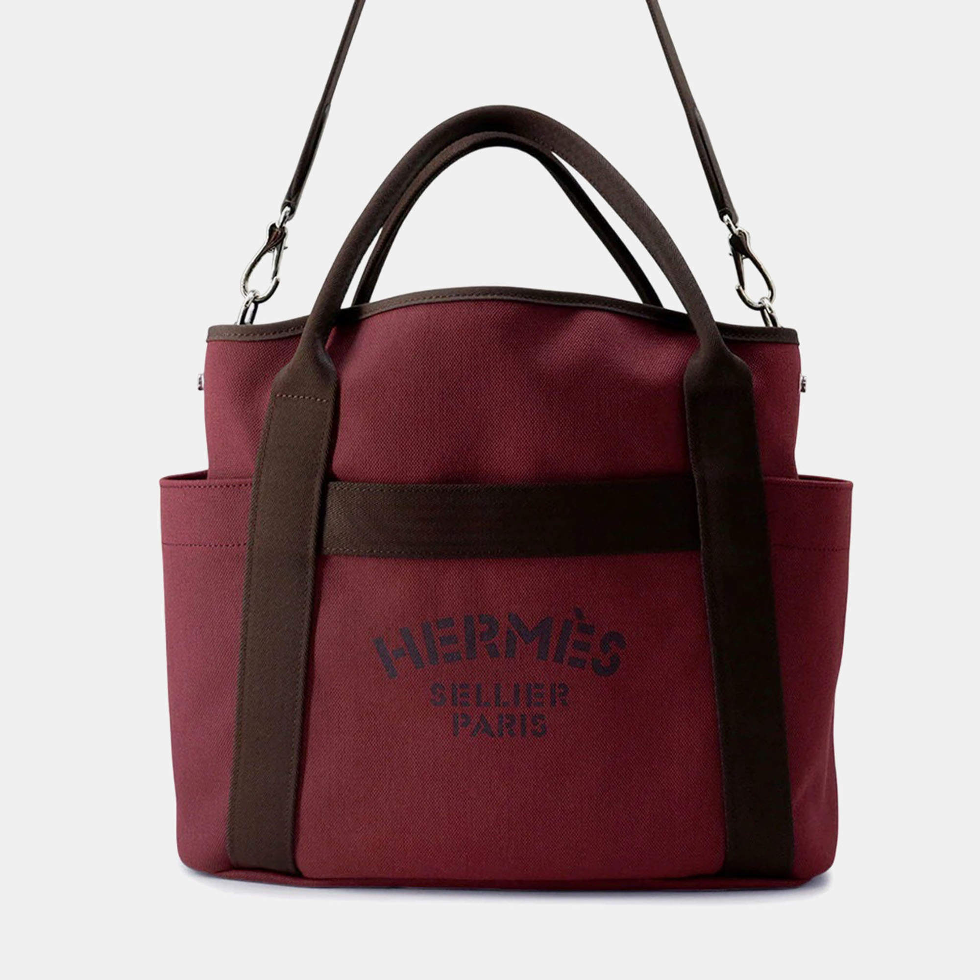 Pre Owned Hermes Sucked Pansage Groom Rouge H/Chocolat Toile Chevrons Canvas Bag