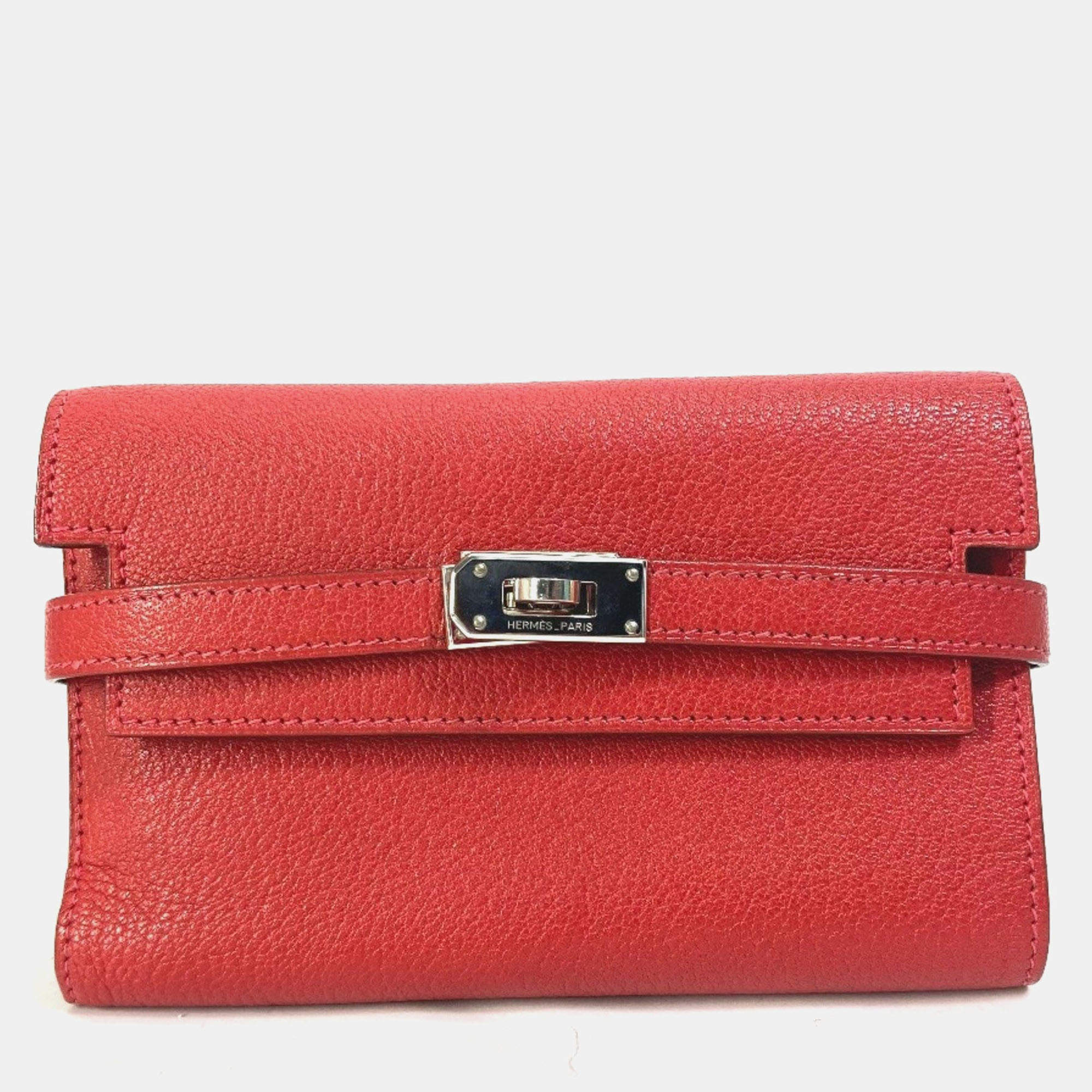 Pre Owned Hermes Kelly Chevre Rouge Coupe Red Medium Compact Trifold Wallet