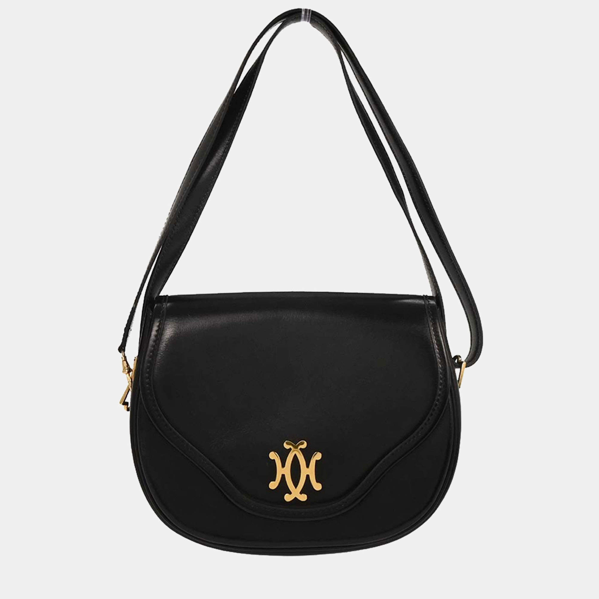 Pre Owned Hermes Black Box Calf Double H Shoulder Bag