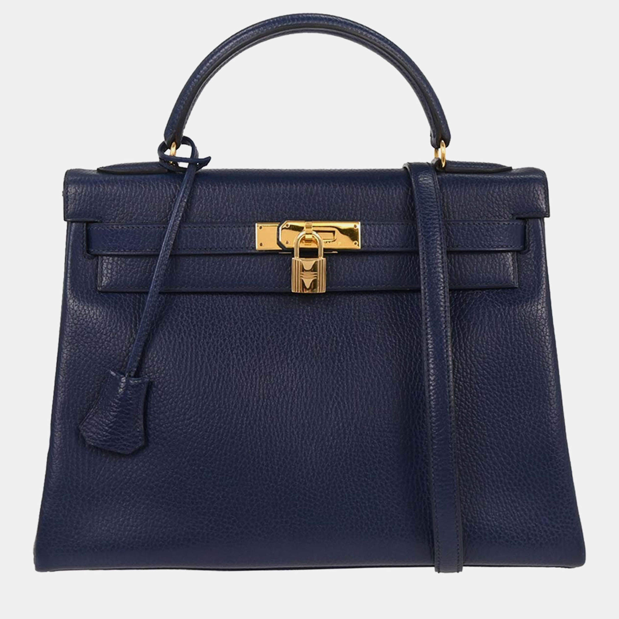 Pre Owned Hermes Kelly 32 Retourne 2way Blue Indigo Ardennes Handbag