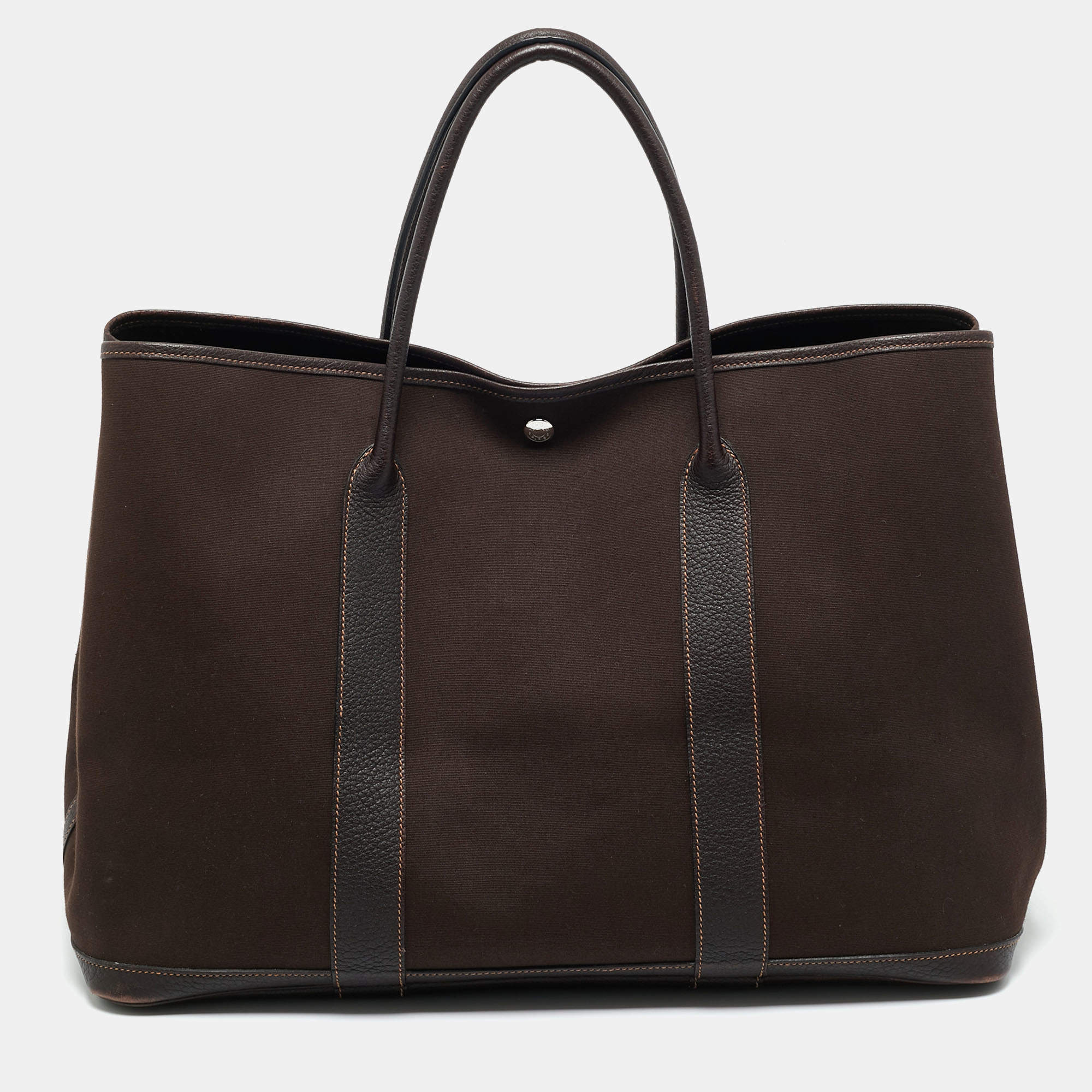 Pre Owned Hermes Chocolat Toile and Negonda Leather Garden Party GM Bag
