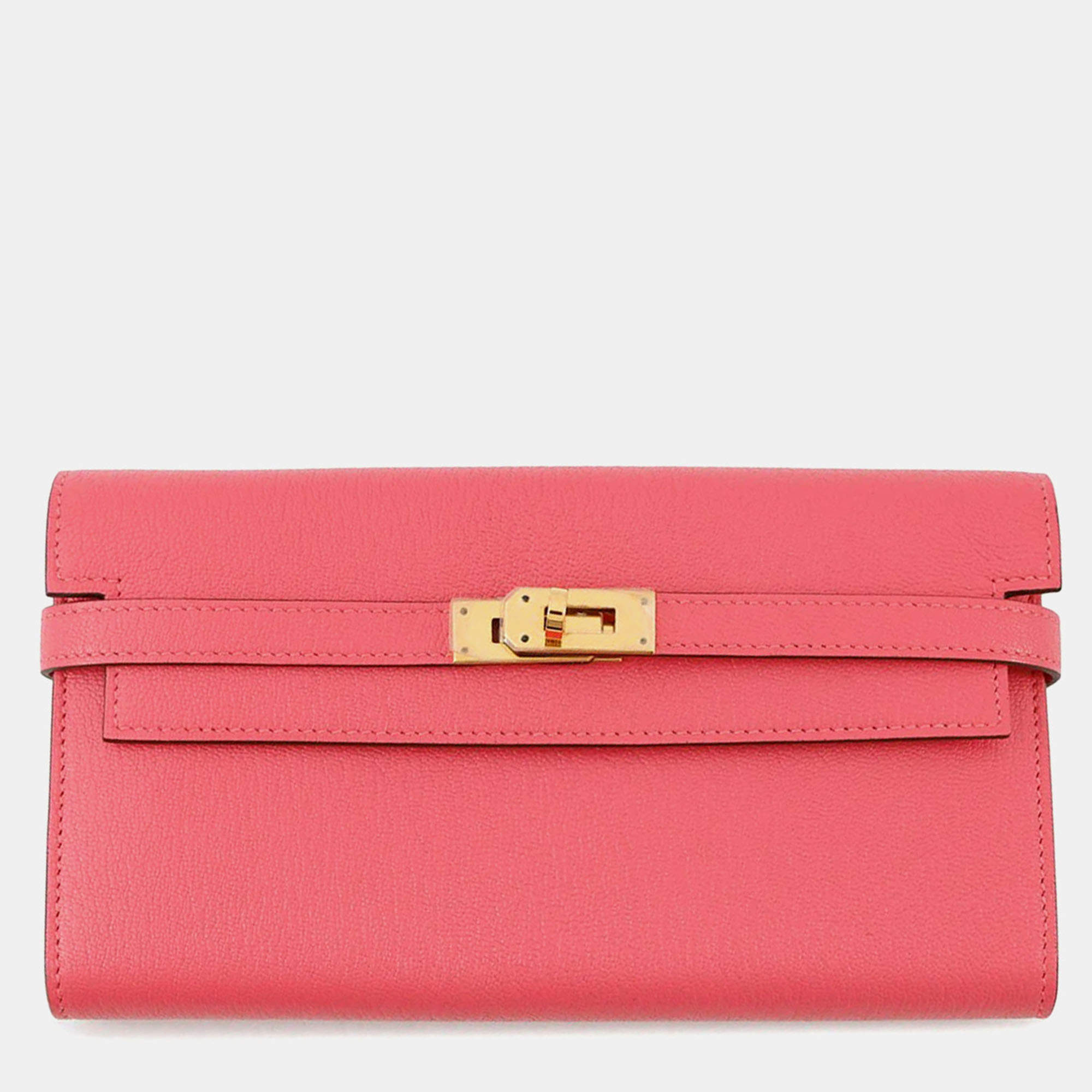 Pre Owned Hermes Kelly Wallet Long Rose Lipstick Chevre Myzore Goatskin