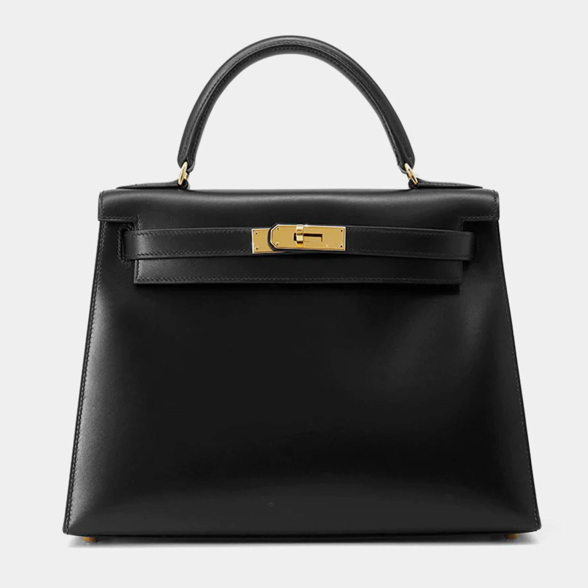 Pre Owned Hermes Kelly Sellier Black Box Calf Leather Size 28
