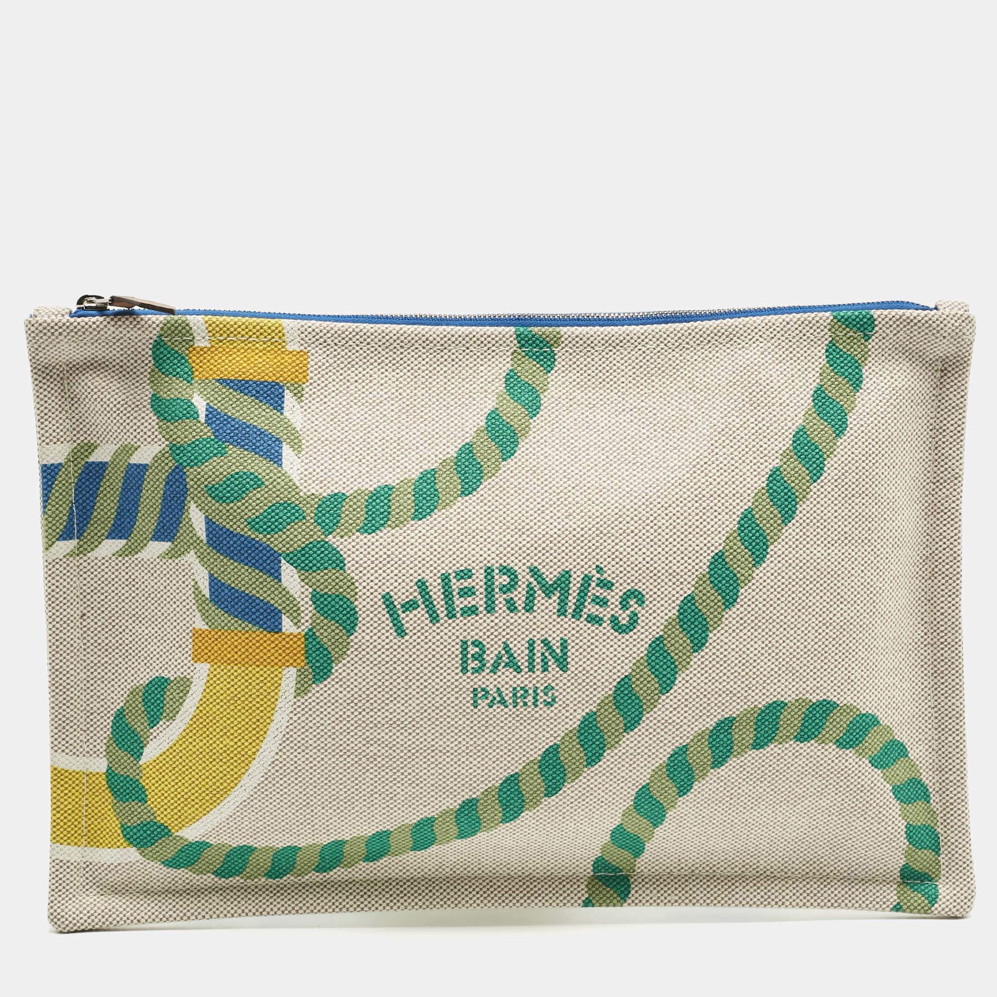 Pre Owned Hermes Beige Printed Bain Canvas Case