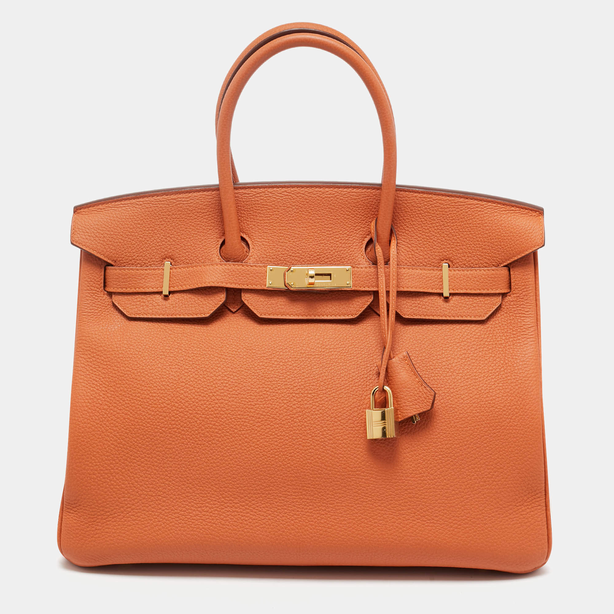 Pre Owned Hermes Orange Togo Leather Gold Finish Birkin 35 Bag