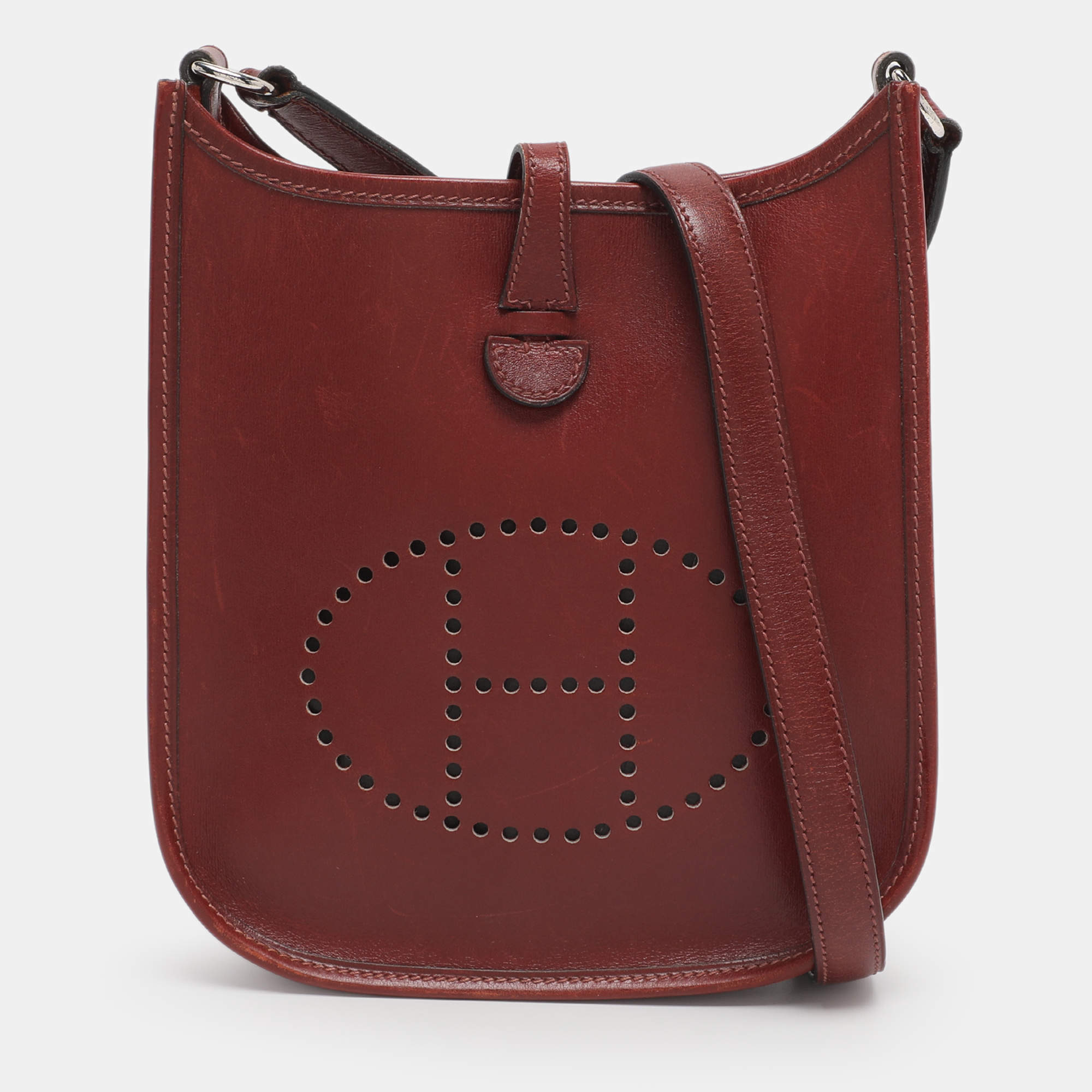 Pre Owned Hermes Rouge Grenat Box Calf Long Strap Evelyne TPM Bag