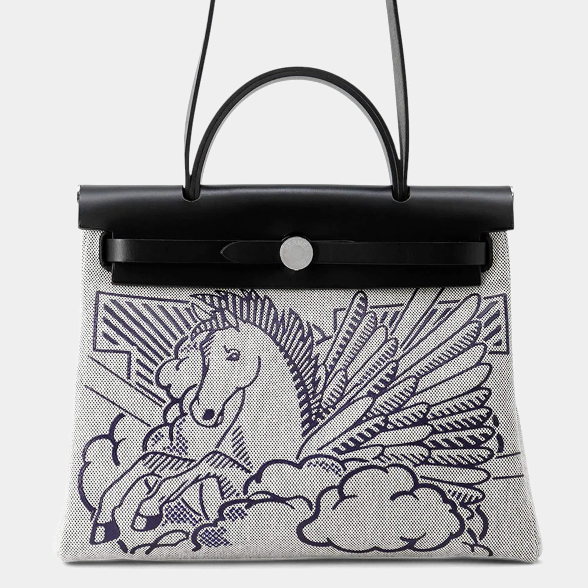 Pre Owned Hermes Herbag Zip Size PM Pegasus Pop Black/Blue Indigo/Ecru Toile H Vache Hunter Leather 