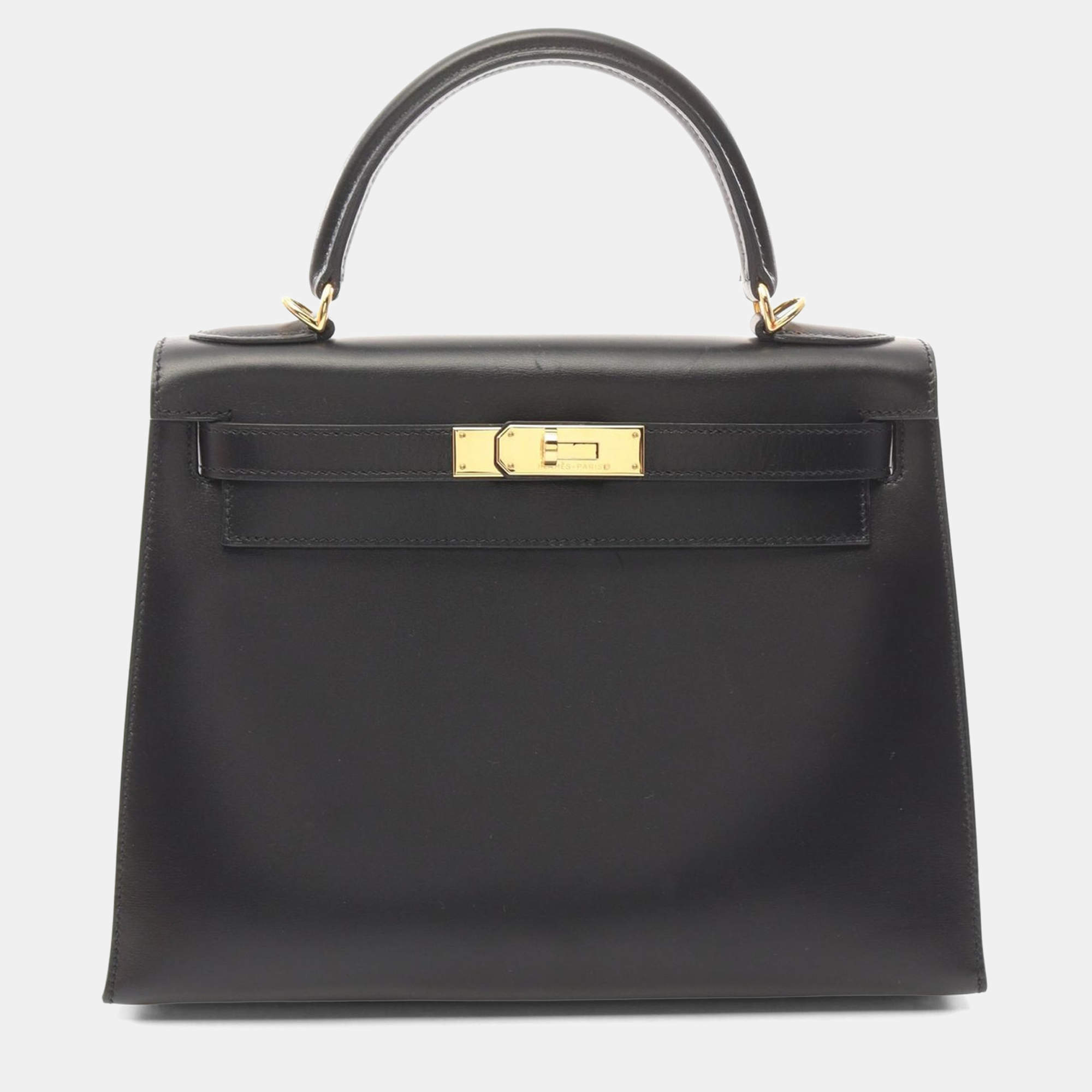 Pre Owned Hermes Kelly 28 Black Box Calf Leather Top Handle Bag